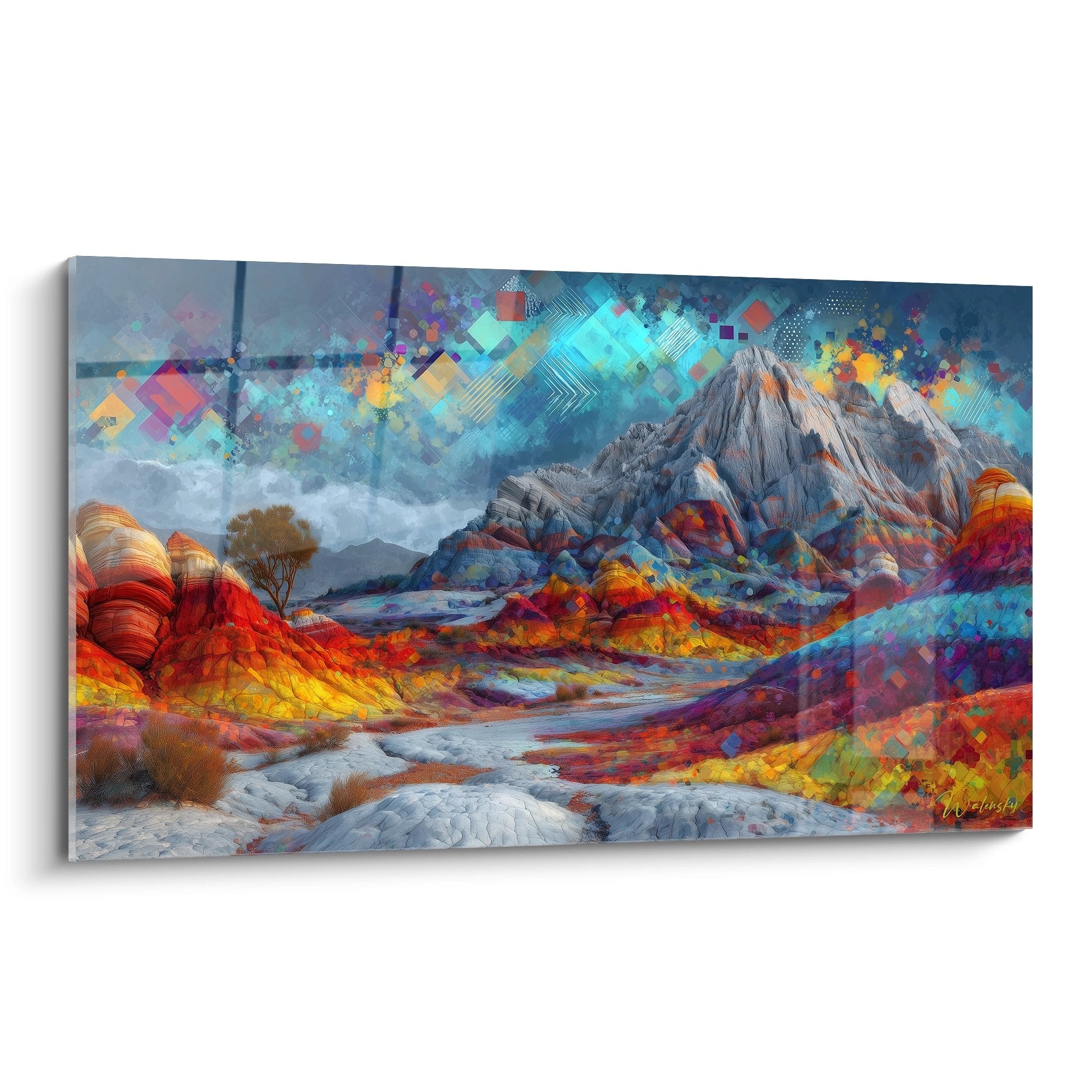 Tableau mural paysage montagneux abstrait avec éléments géométriques colorés et formations rocheuses désertiques
