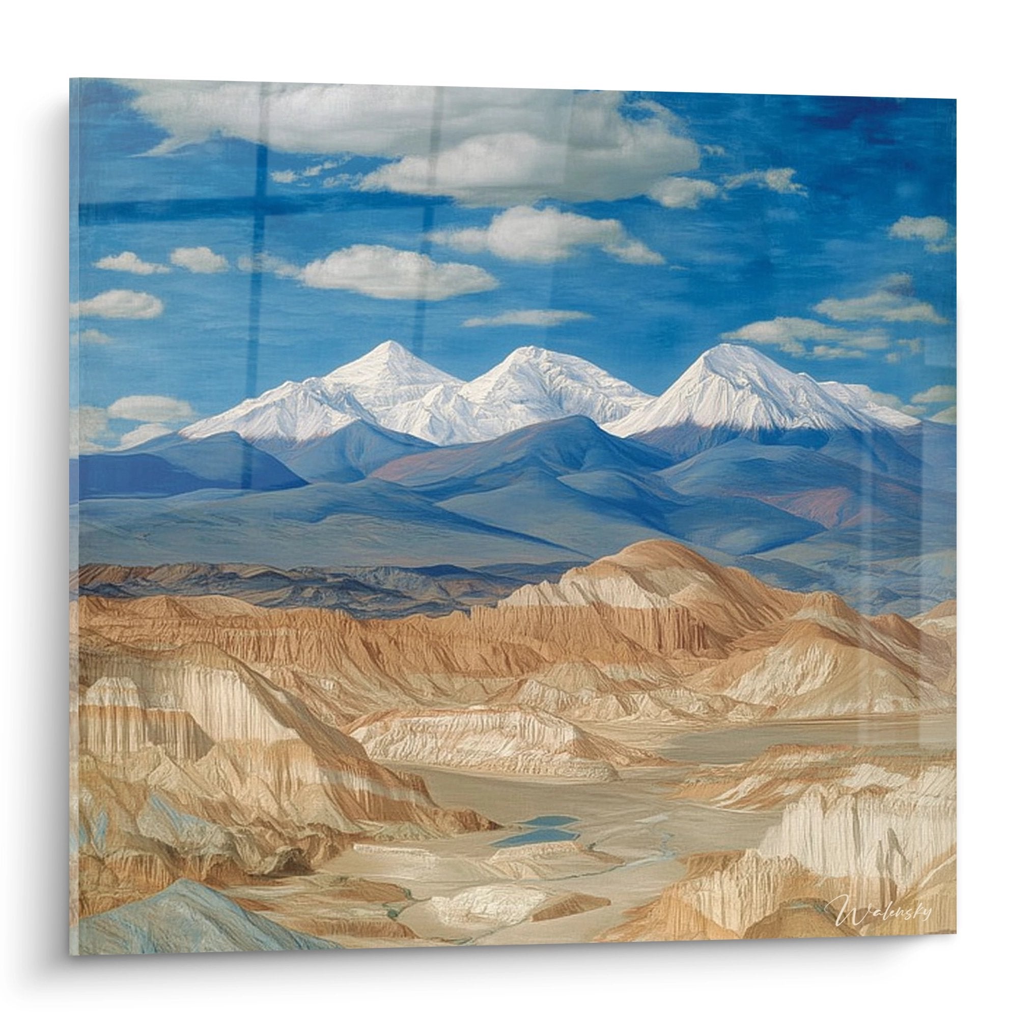 Tableau paysage montagneux désertique avec sommets enneigés et vallée aride, art mural décoratif montagne