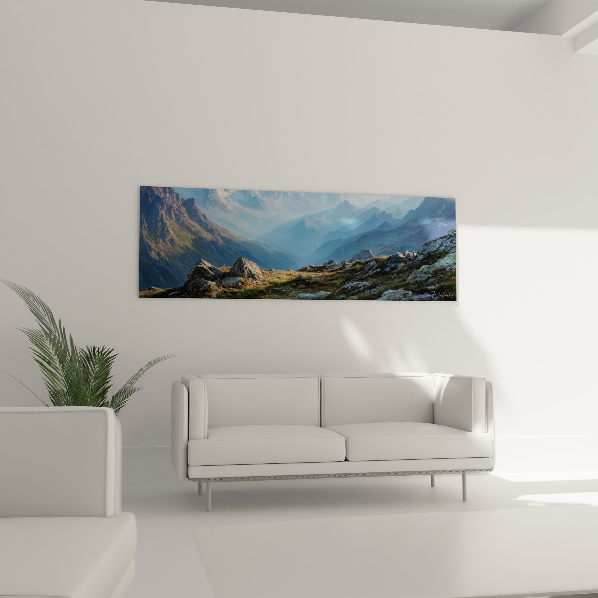 Détail tableau paysage montagneux montrant texture rochers et végétation alpine