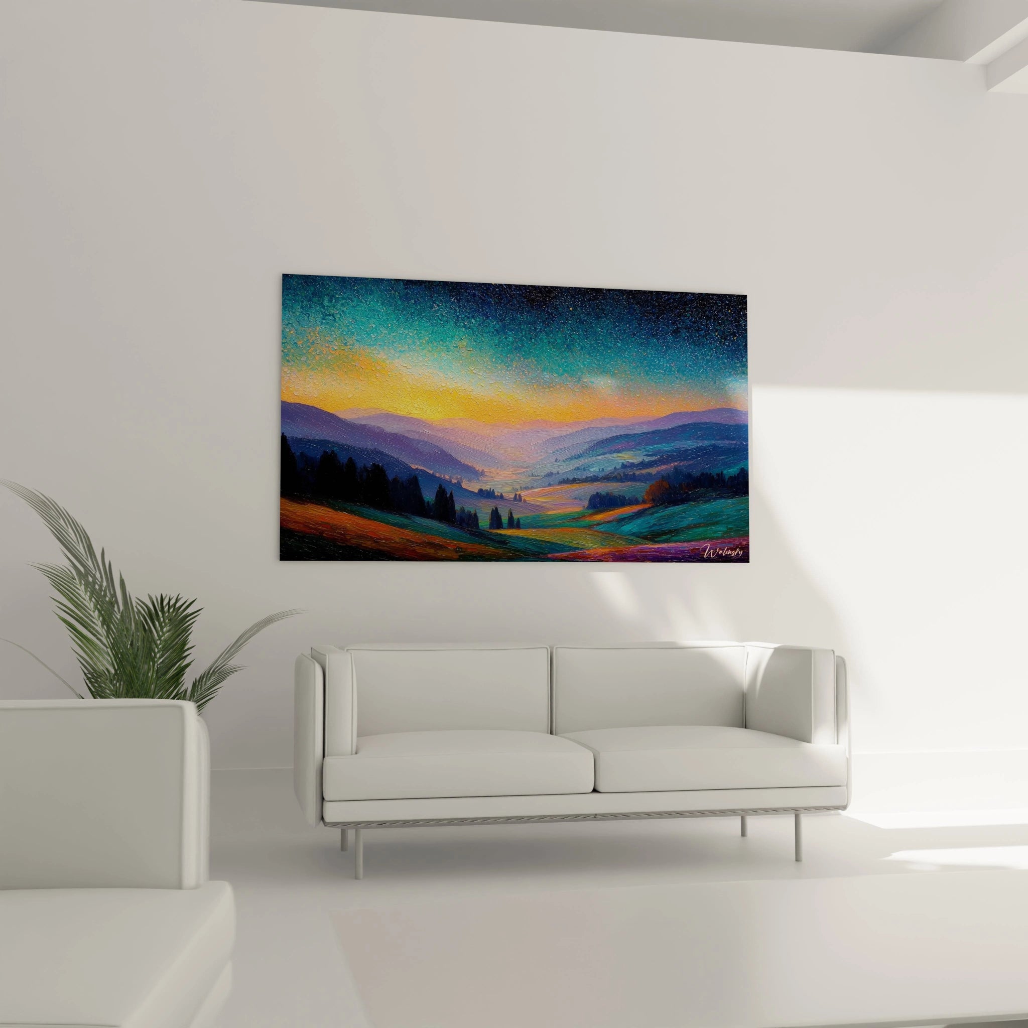 tableau paysage montagneux Walensky coloré accroché au mur au dessus d un canapé blanc moderne