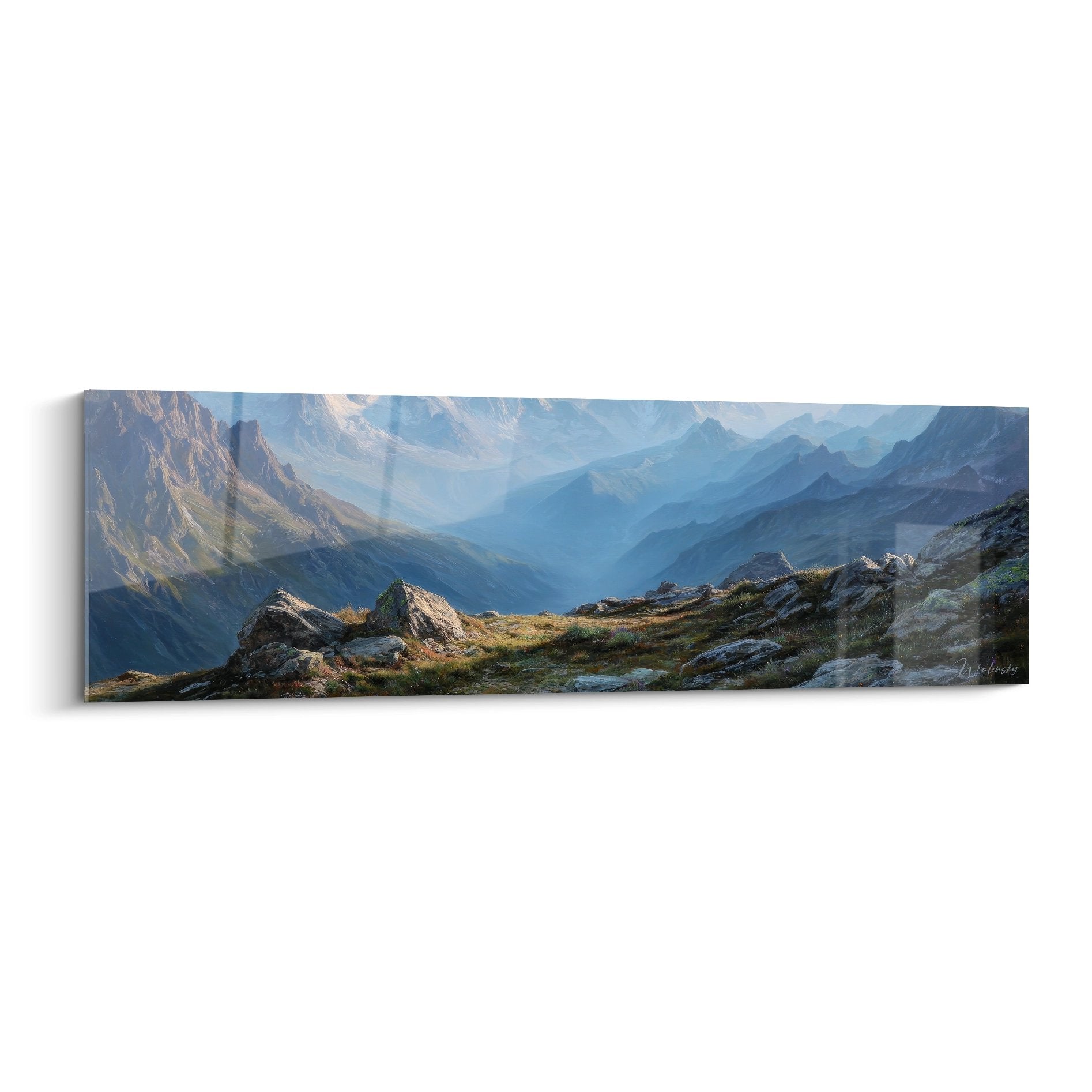 Tableau paysage montagneux vallée alpine avec rochers au premier plan et sommets brumeux
