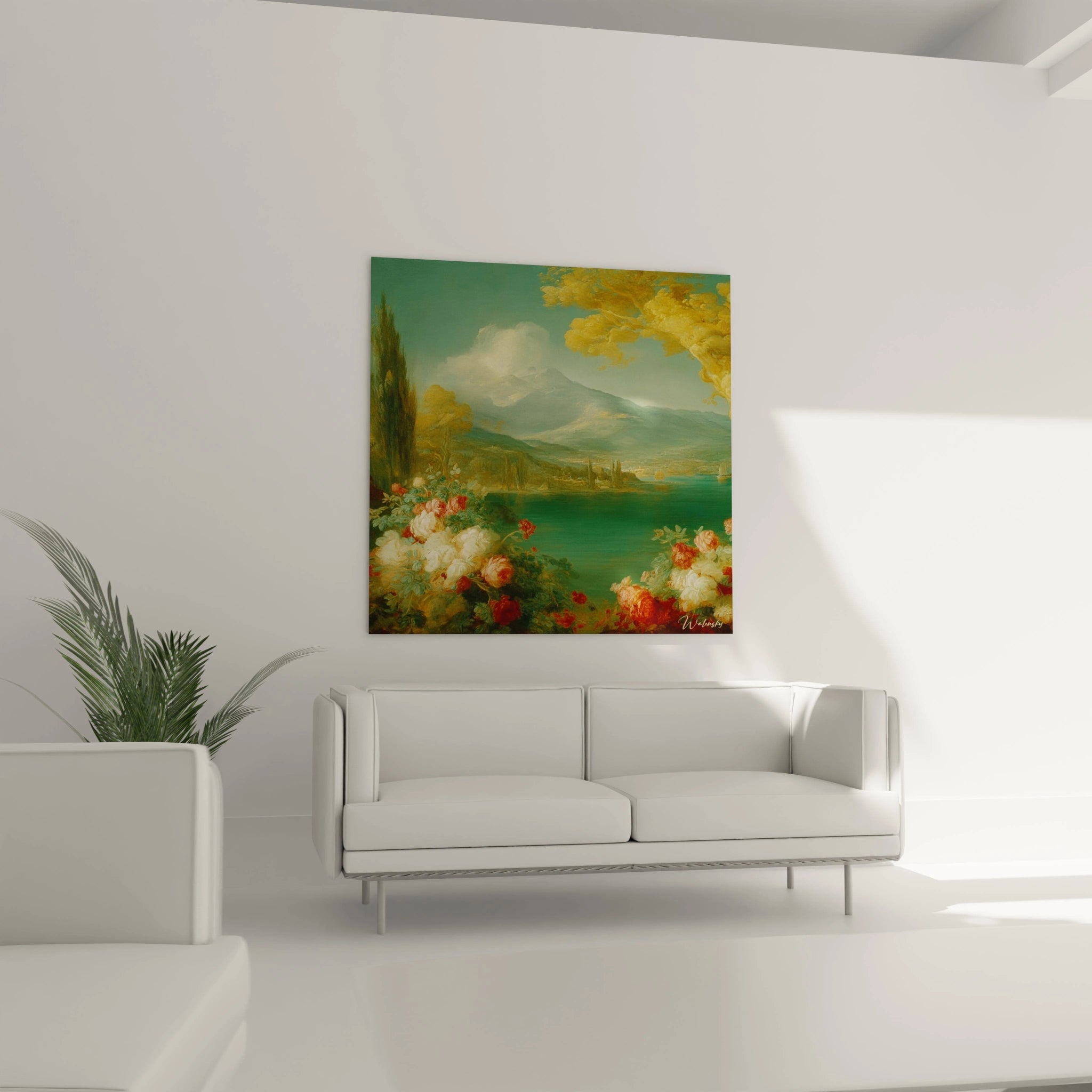 Tableau mural Walensky tableau paysage Monts Dorés montrant montagnes dorees lac et fleurs au dessus d un canape blanc