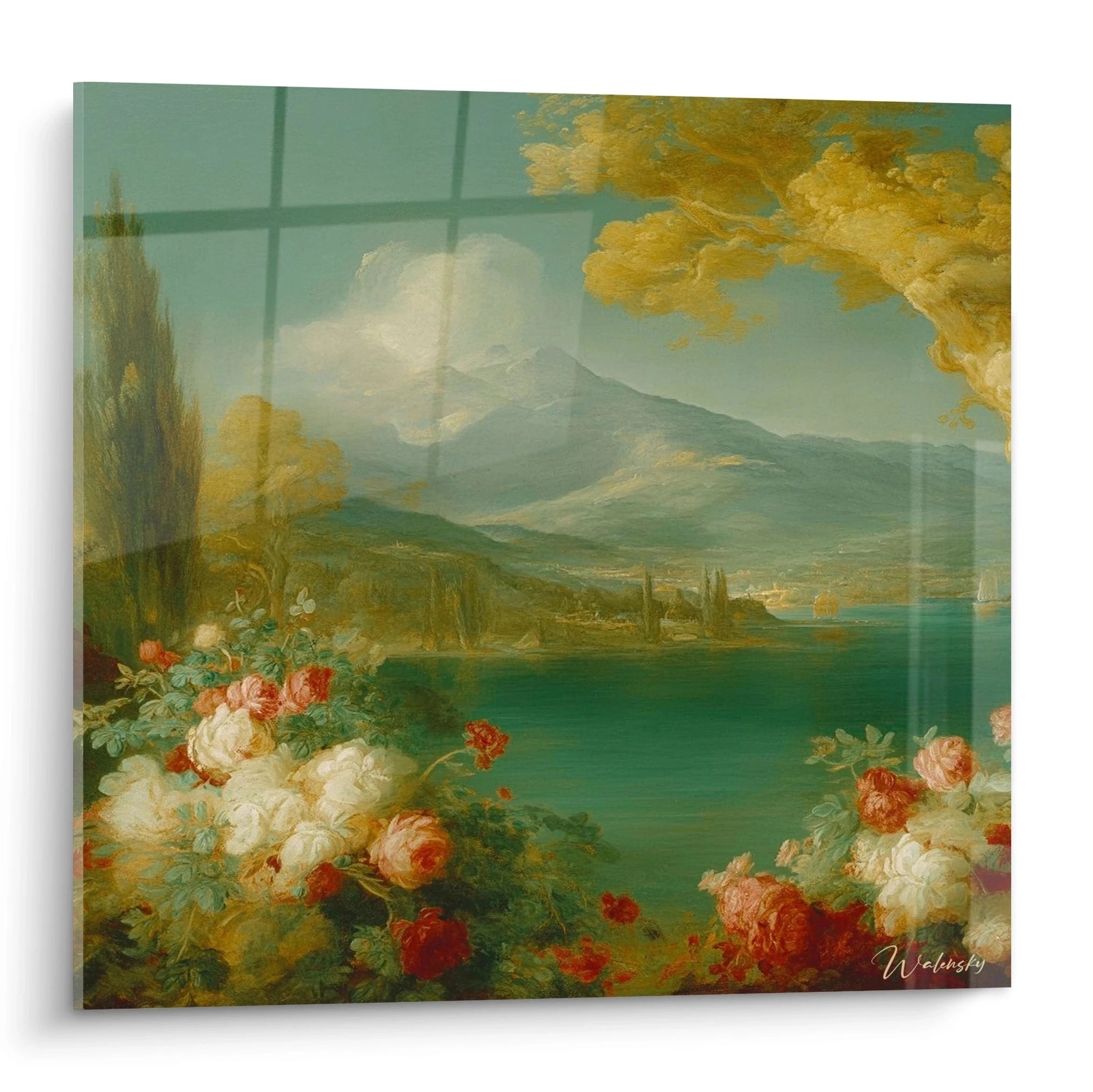 Tableau mural Walensky tableau paysage Monts Dorés avec lac, montagnes dorées et roses au premier plan