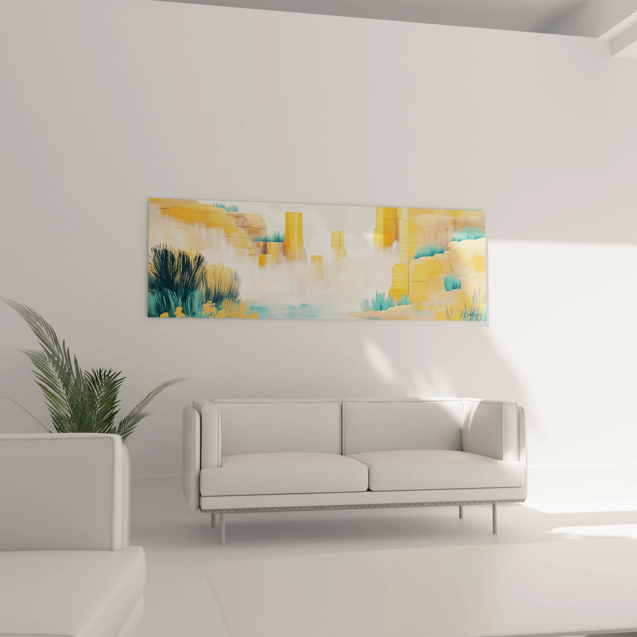 Tableau Egypte mural Walensky avec motifs jaunes et verts accroché dans un salon moderne lumineux