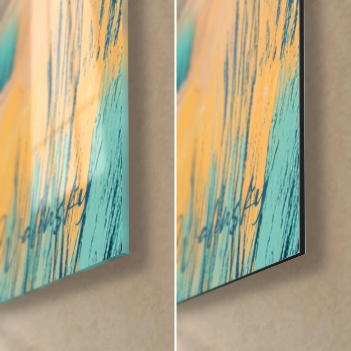 Wall art golden canyon with turquoise brushstrokes, glossy glass corner at bottom right and matte Dibond, 3 mm edge