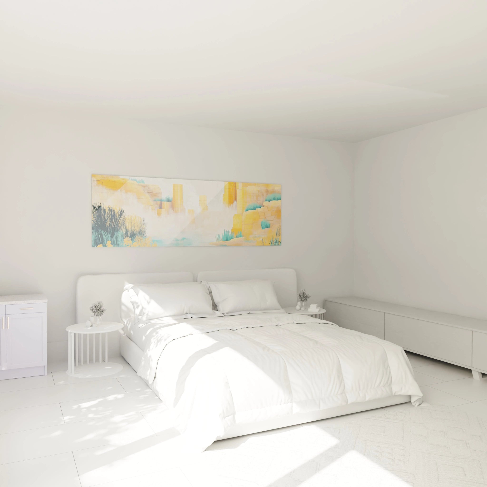 Tableau Egypte mural coloré Walensky dans chambre minimaliste lumineuse avec lit blanc