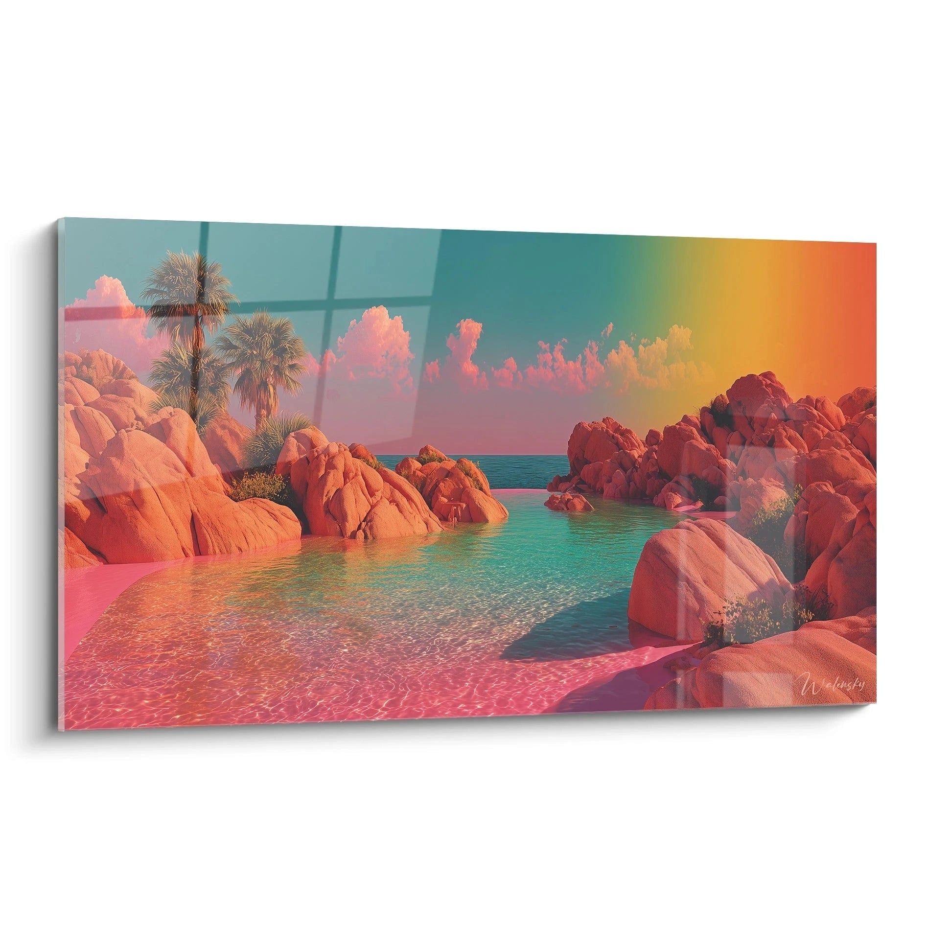 Walensky tableau mural paysage oasis en plexiglas couleur vive représentant rochers palmiers et eau turquoise