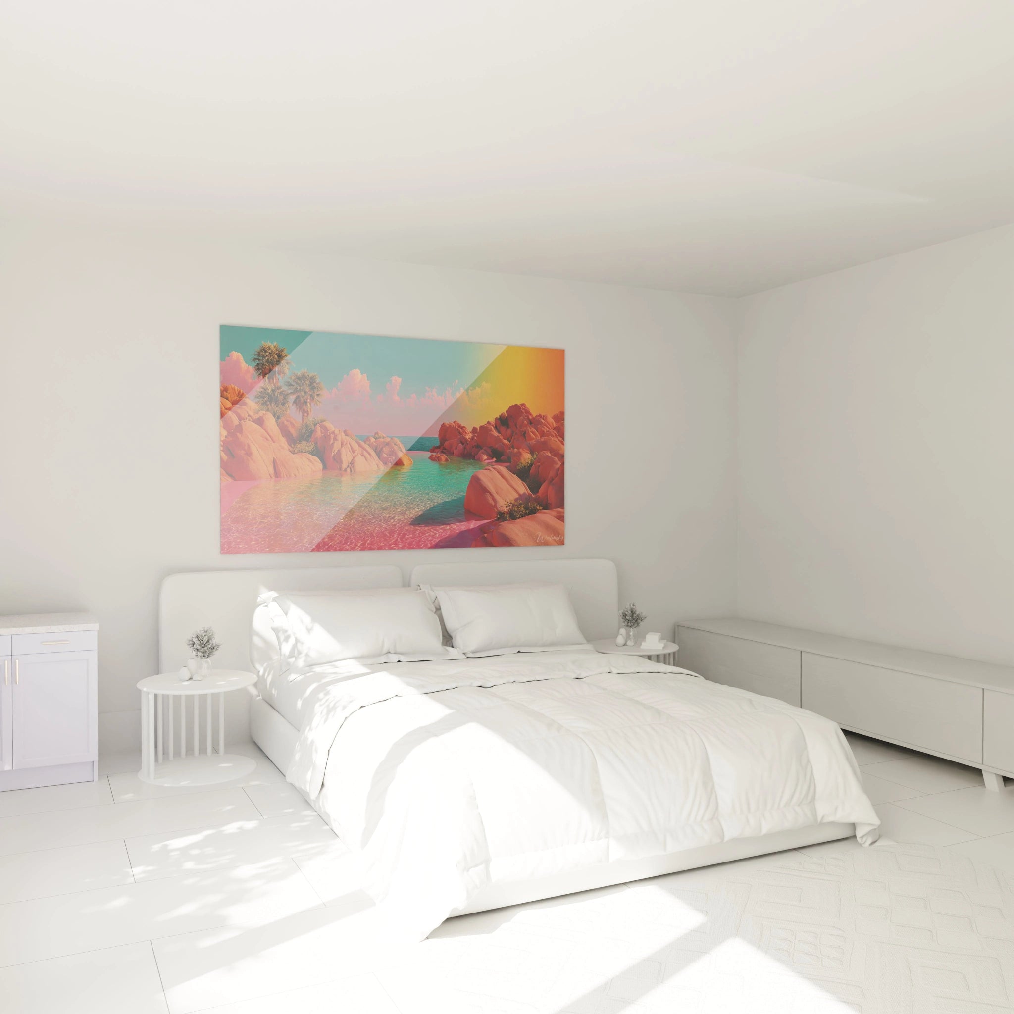 Walensky tableau mural paysage oasis couleurs pastel plage rochers toile decor moderne mur chambre au dessus du lit blanc
