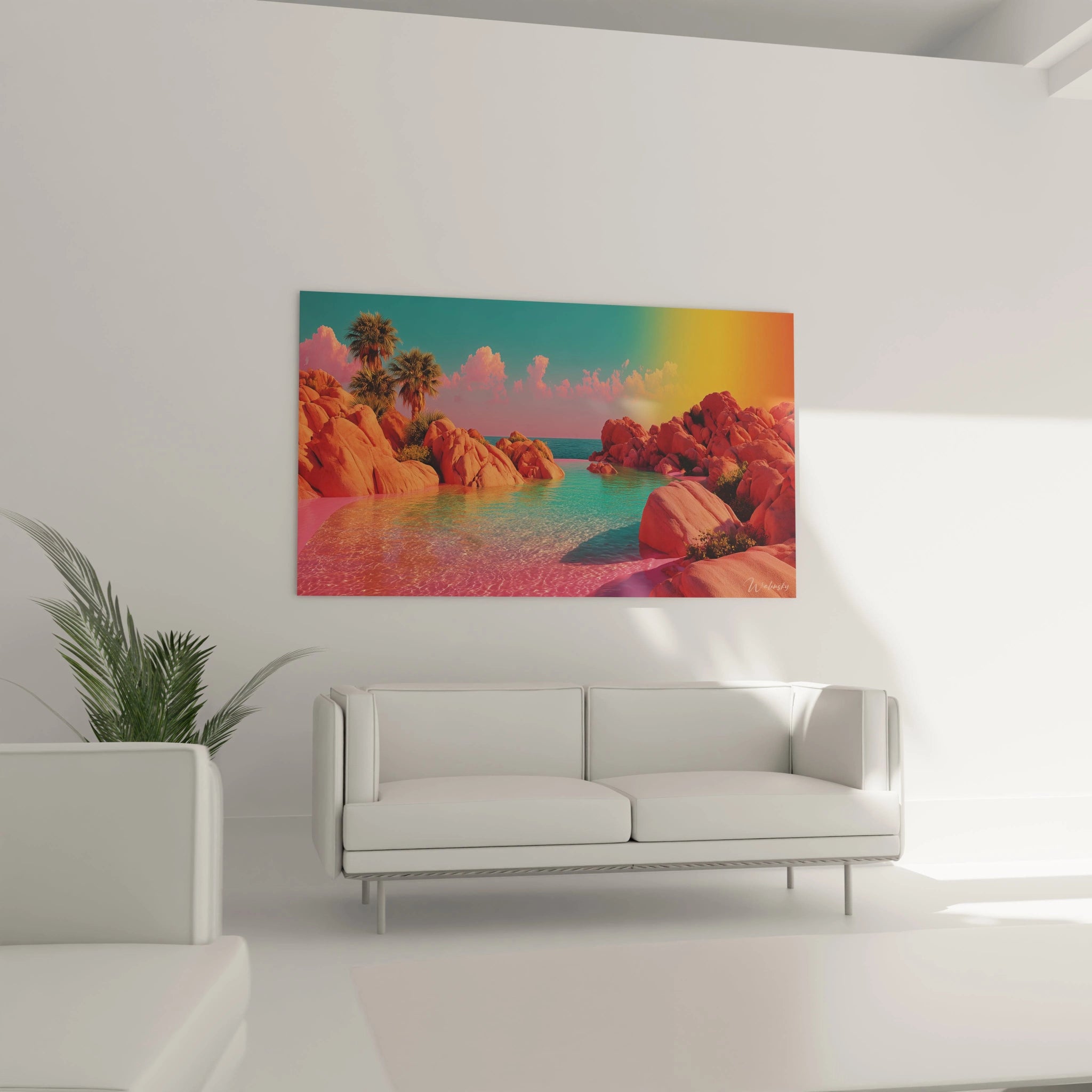 tableau mural paysage oasis Walensky grand format montrant un soldat marchant dans une fumee rouge et grise ideal salon moderne