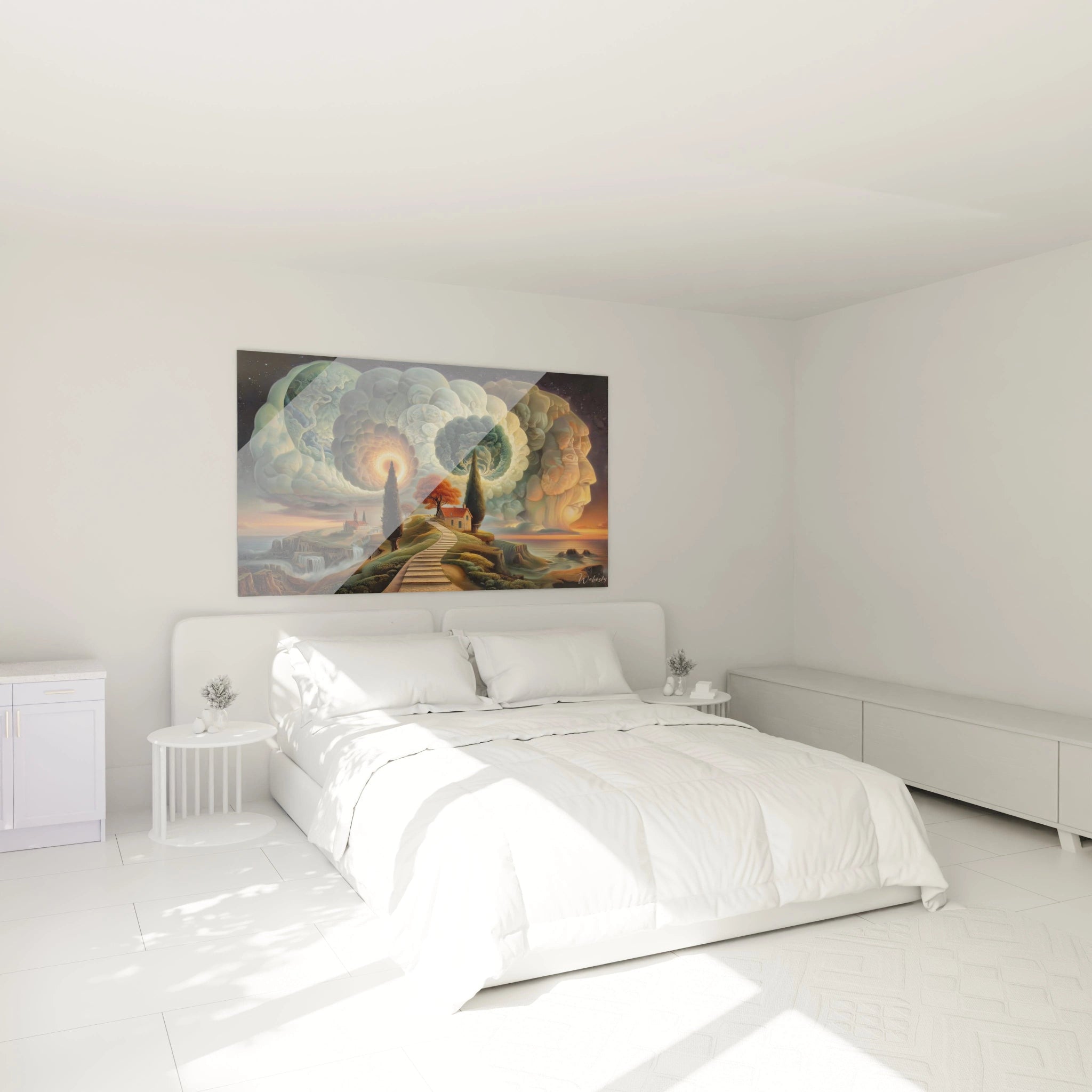 Chambre blanche minimaliste avec tableau mural surréaliste au dessus du lit montrant phare chemin et nuages oniriques