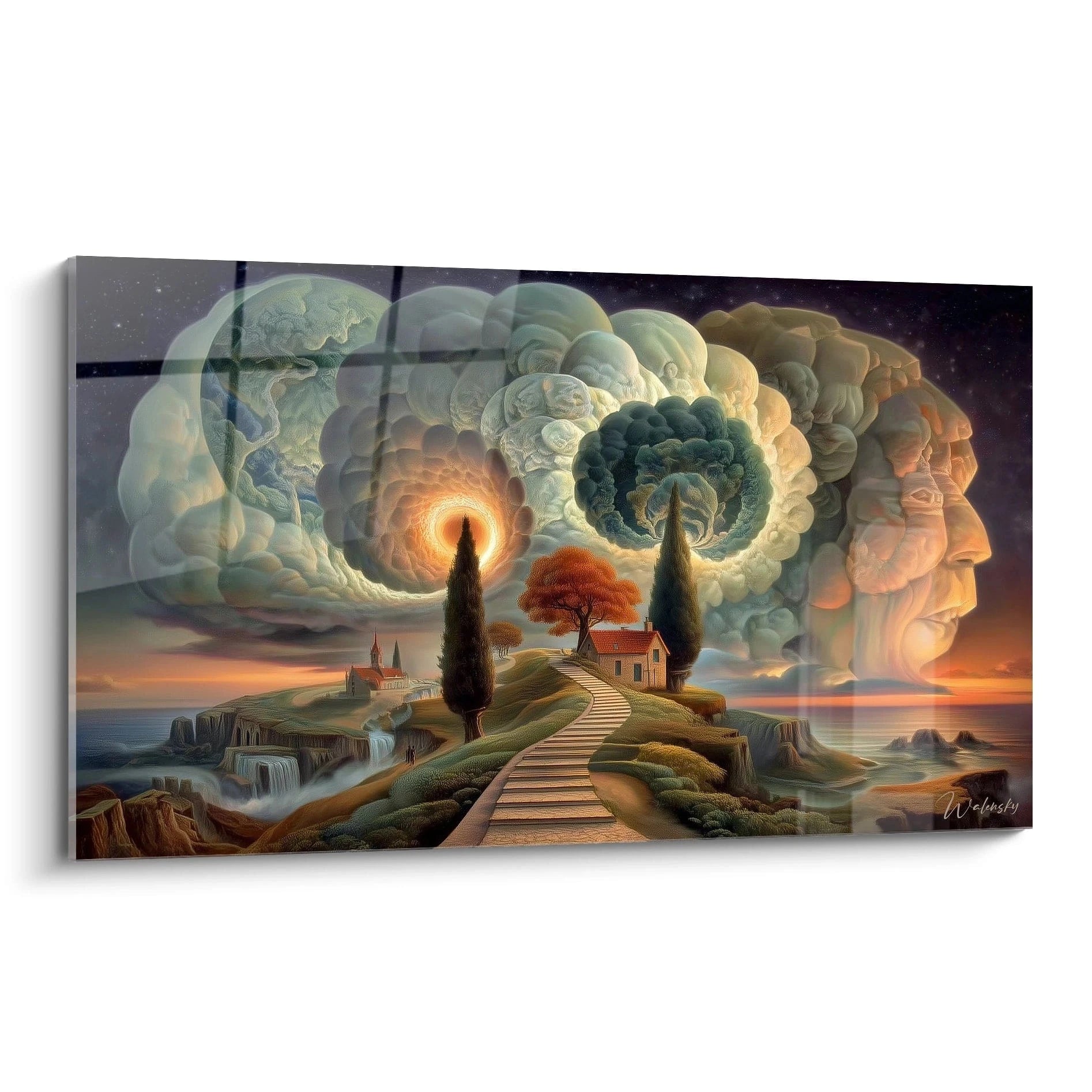 tableau mural surréaliste Walensky montrant un chemin vers une maison et cyprès avec nuages en forme de visages au coucher