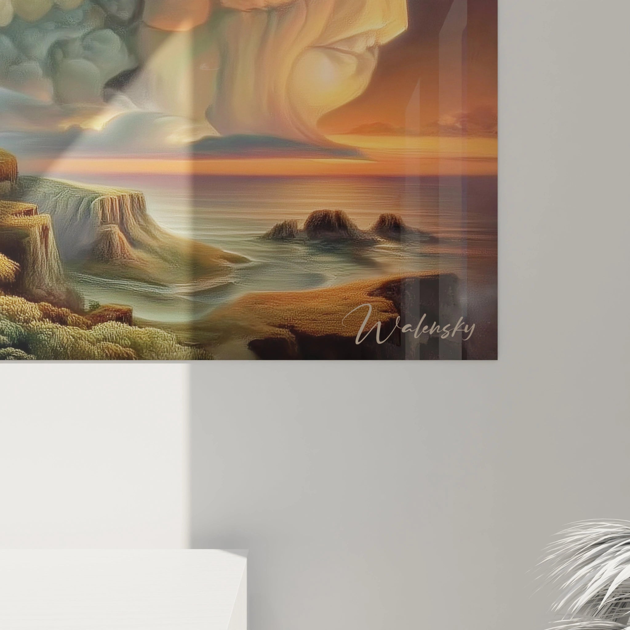 Walensky tableau mural surréaliste paysage côtier au coucher du soleil avec visages dans les nuages falaises et mer