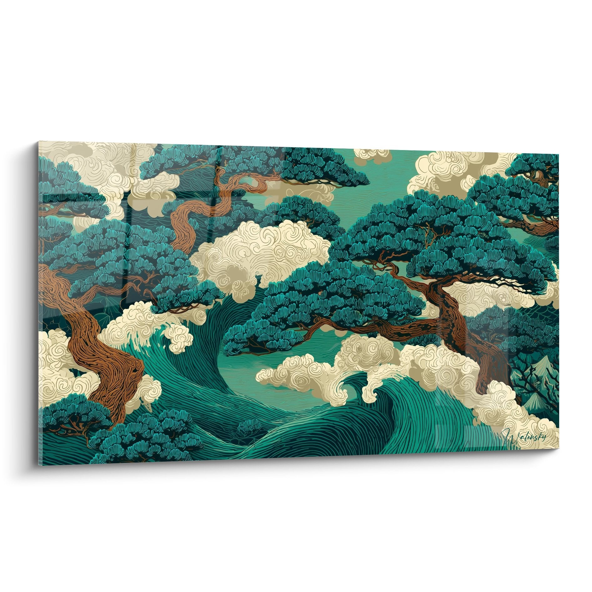 Orientalisches Wandbild Landschaft Bäume Türkis goldene Wolken japanischer Stil Feng Shui Wanddekoration Zen