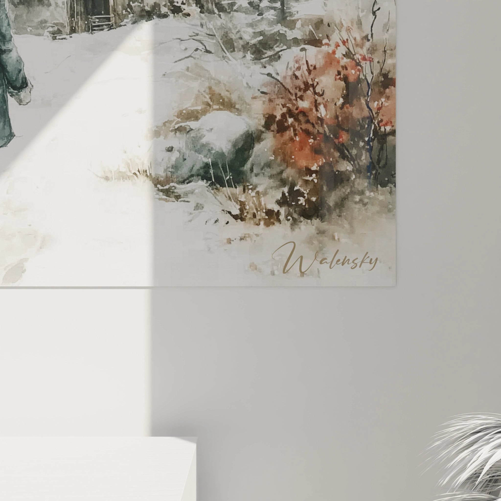 tableau paysage hivernal Walensky toile peinture aquarelle neige et buissons pour decoration murale interieure