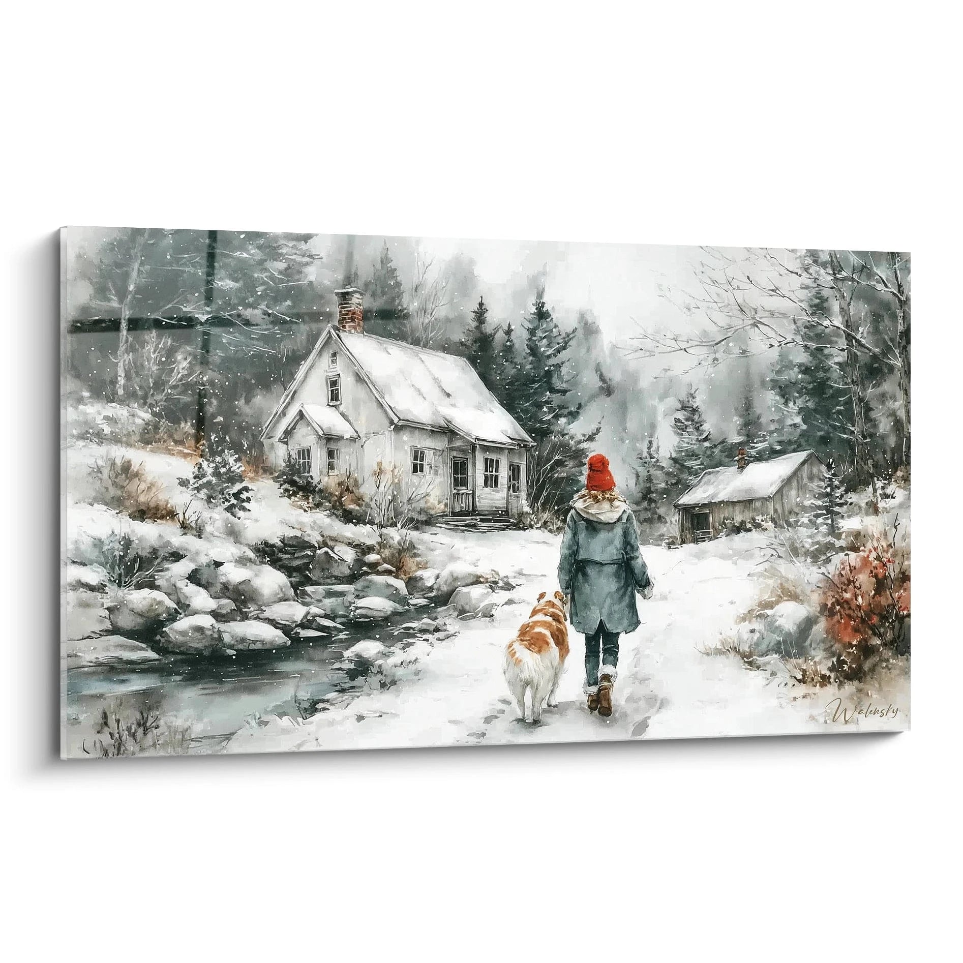 tableau paysage hivernal Walensky montrant une personne en manteau gris et bonnet rouge marchant avec chien vers maison enneigée
