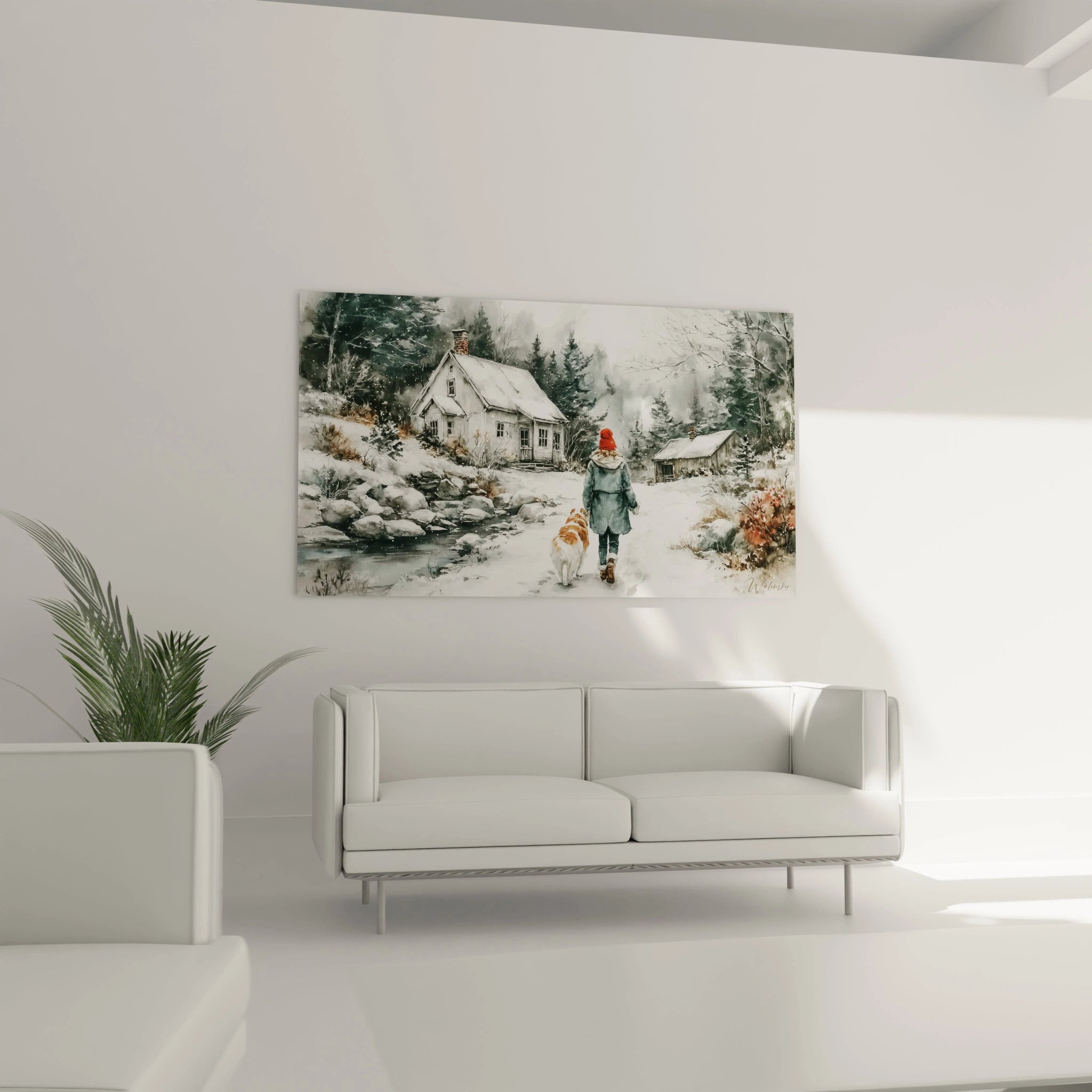 Walensky tableau mural tableau paysage hivernal d une maison enneigée et une personne promenant un chien dans la neige