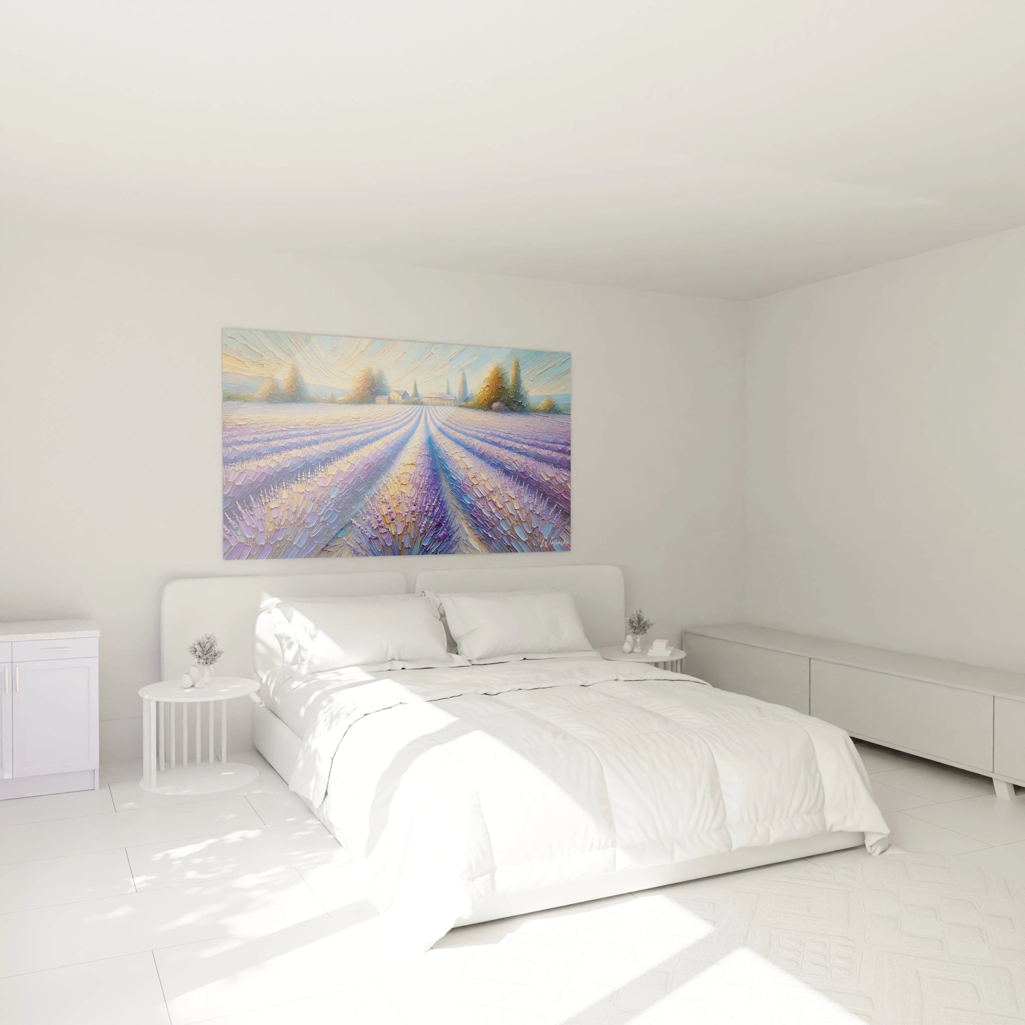 tableau campagne accroche au-dessus du lit dans une chambre transformant l espace en une echappee tranquille vers la Provence ou la lavande et les couleurs dorées du crepuscule evoquent la serenite