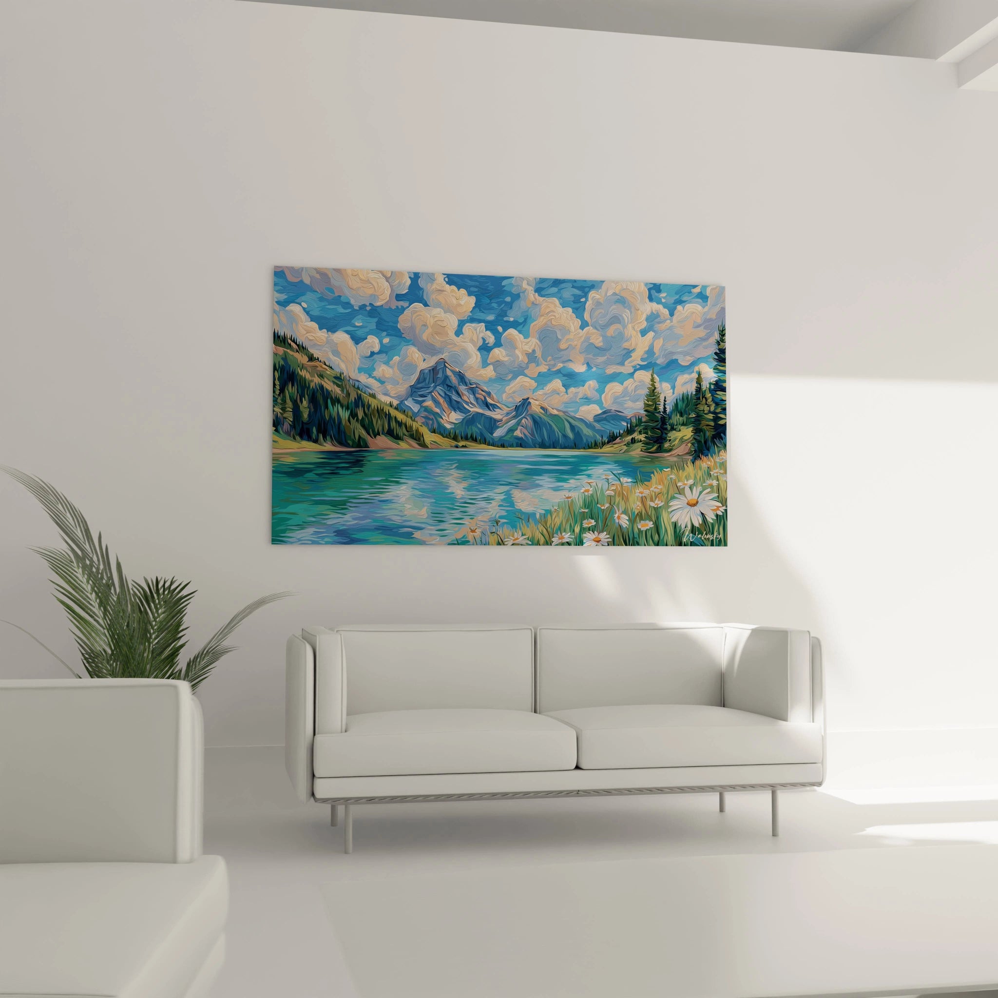 Walensky tableau paysage montagne mural coloré avec lac fleurs et sommets enneigés sur un canapé blanc