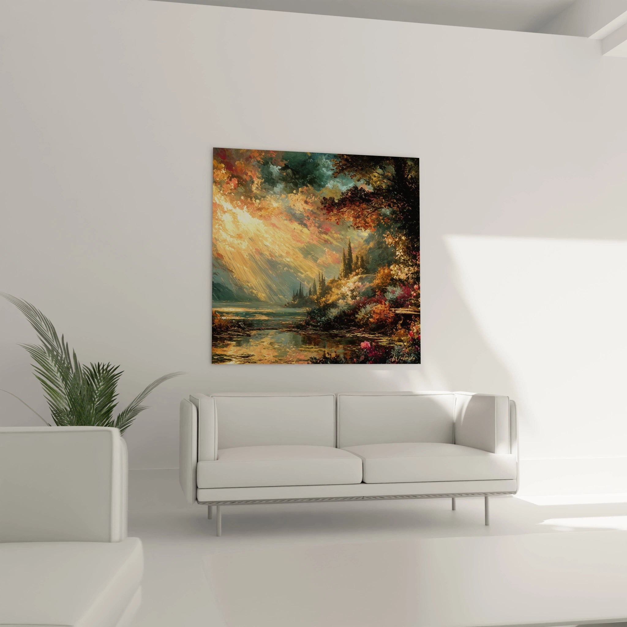 tableau paysage gothique Walensky peint automnal lac montagnes arbres reflet accroché au dessus d un canapé blanc