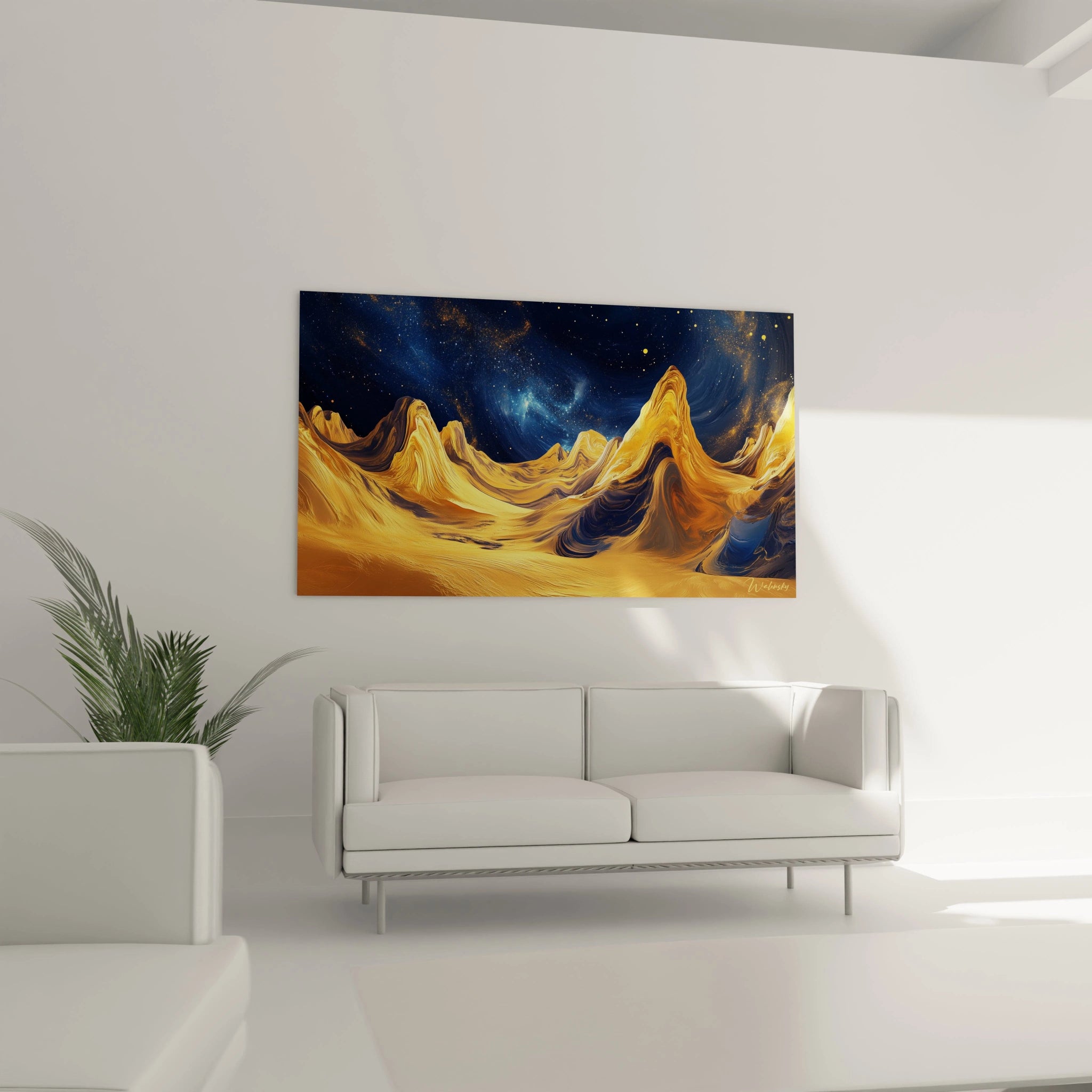 Tableau Egypte mural Walensky avec paysage désertique doré sous un ciel étoilé bleu