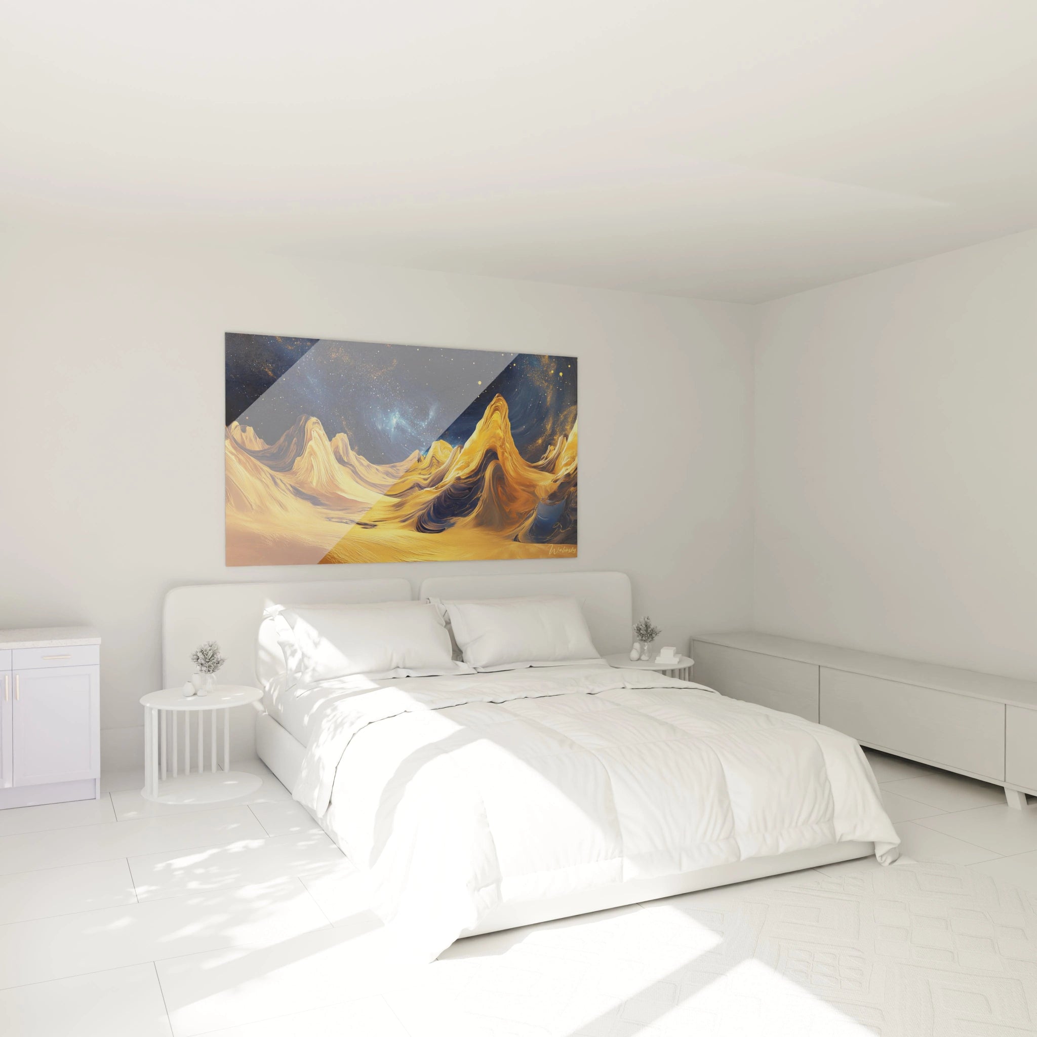 Tableau Egypte mural Walensky avec paysage désertique doré accroché dans une chambre lumineuse moderne