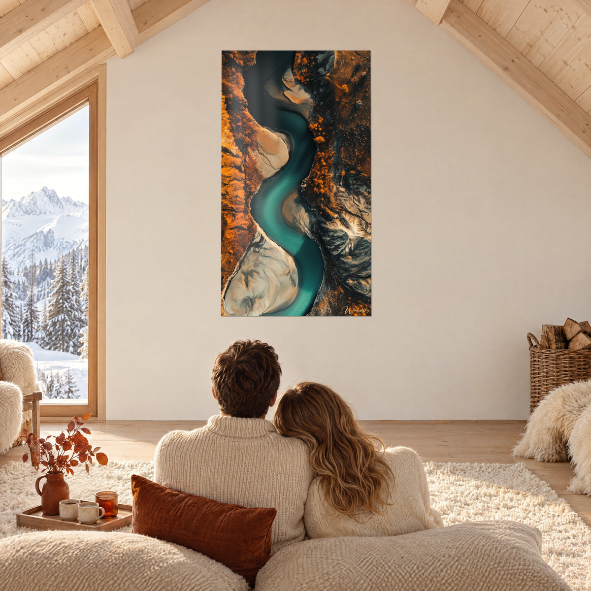 Schilderij van een jadegroene waterslang tussen amberkleurige rotsen en ivoorkleurige oevers, tegenover een koppel in een chalet onder een houten dakconstructie