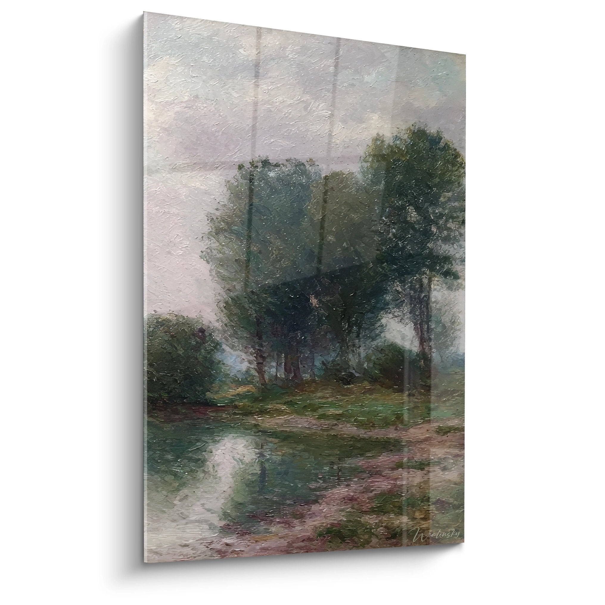 Tableau paysage rivière tranquille avec grands arbres et reflets dans l'eau, décoration murale bucolique