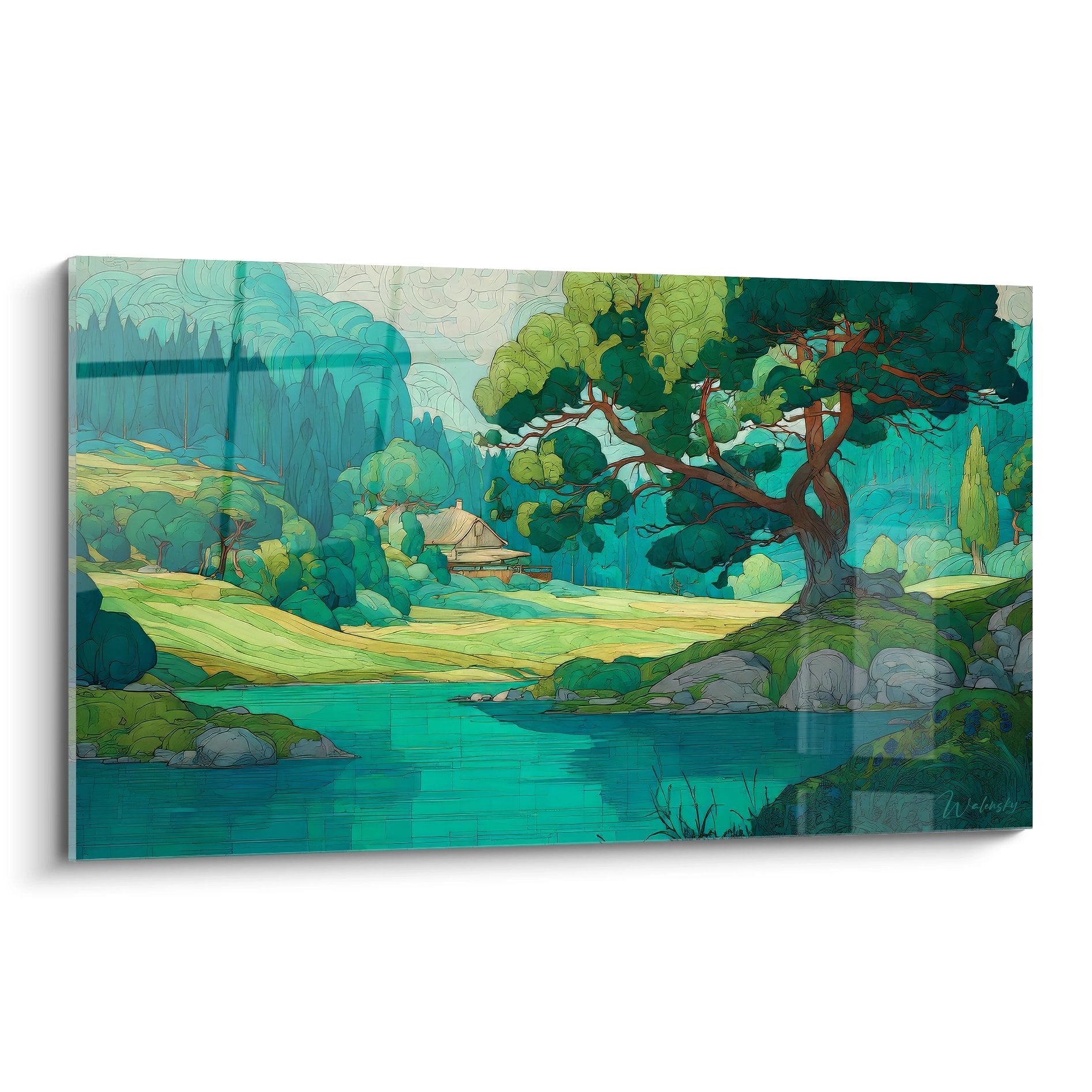 Tableau paysage campagne rivière turquoise vallée verte arbres prairie style japonisant