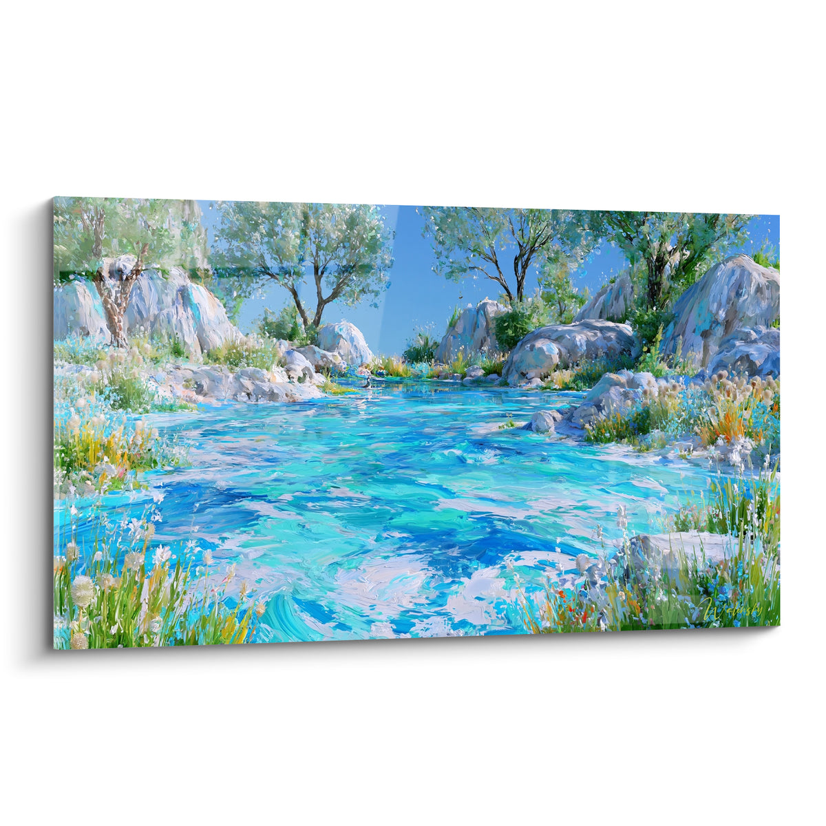 Rivière turquoise et rochers gris peints avec empâtements, entourée de verdure et d'herbes dorées