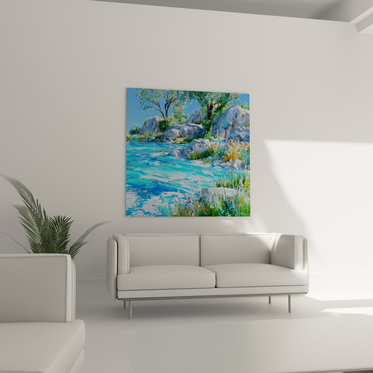 Rochers gris et rivière cyan lumineuse au-dessus d'un canapé dans un salon lumineux