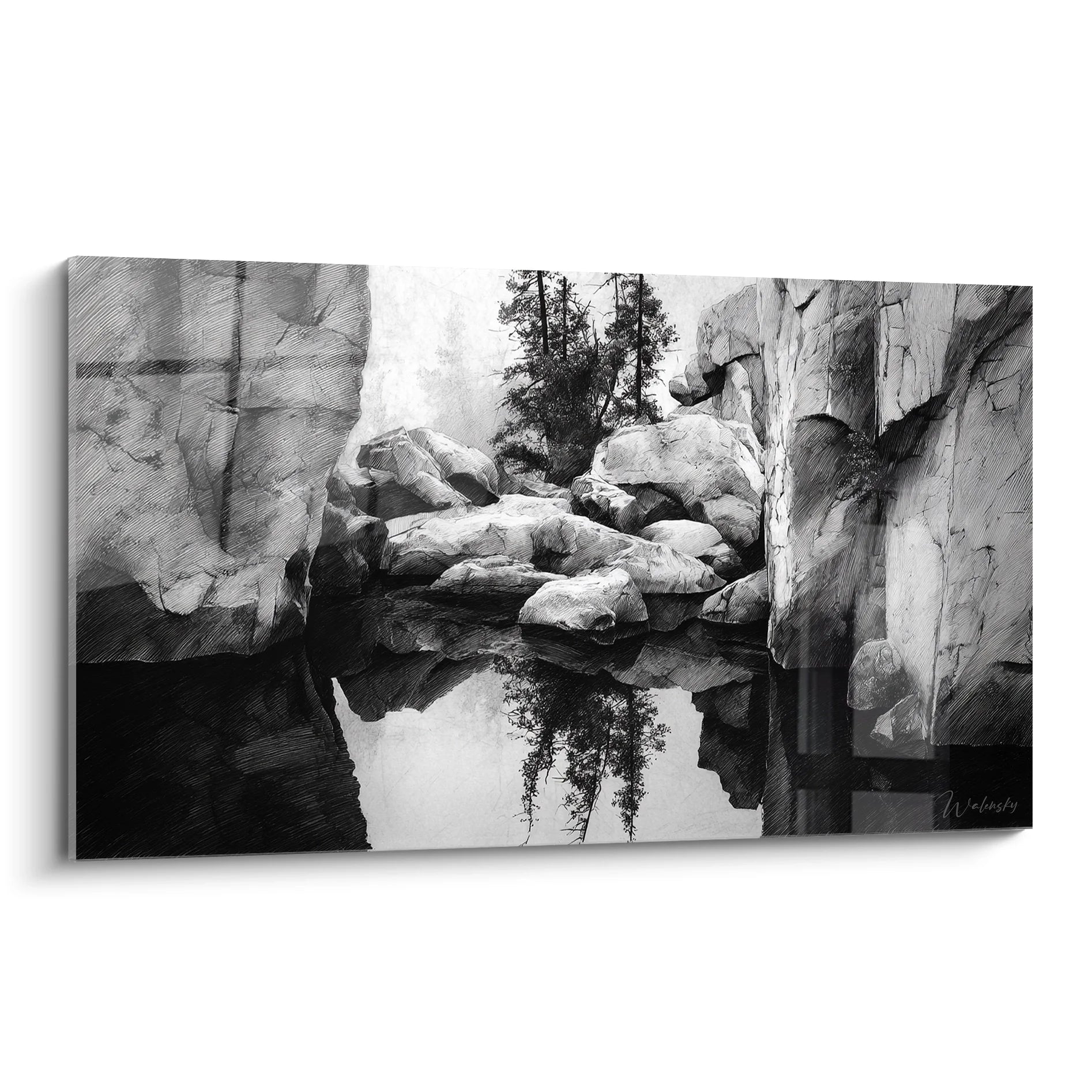 Tableau noir et blanc paysage rocheux avec reflet dans l'eau et végétation naturelle