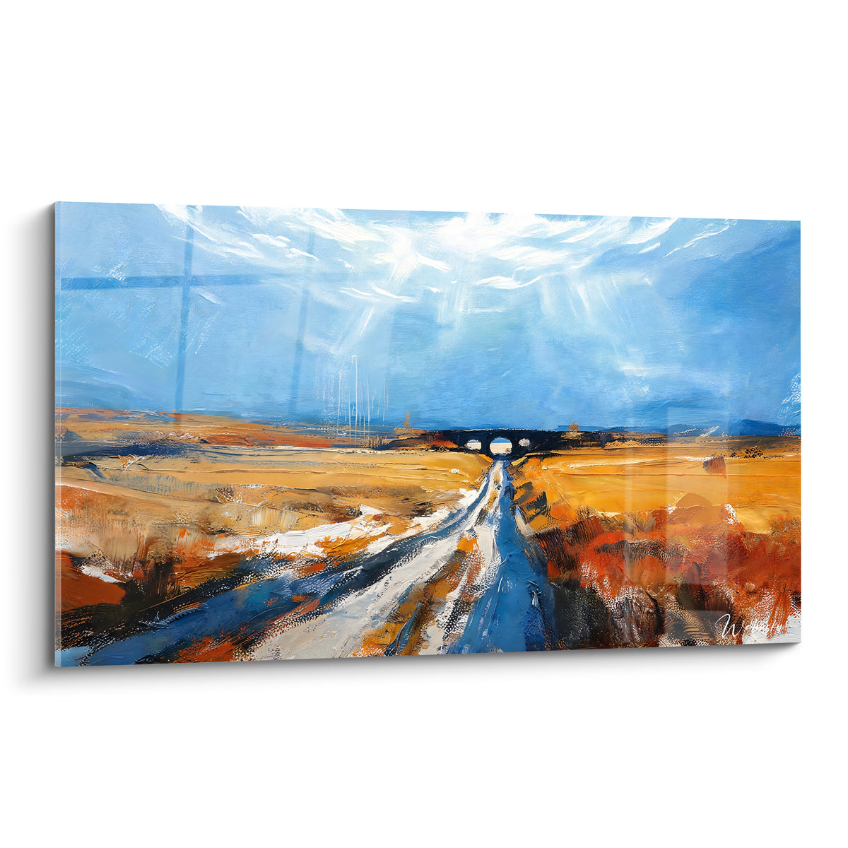 Route enneigée peinte en bleu et ocre menant vers un pont de pierre à l'horizon lumineux