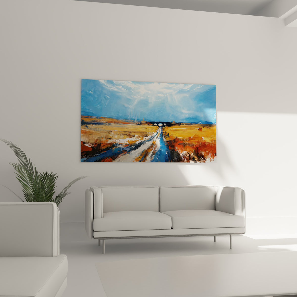 Sentier de neige blanche et ocre filant vers un pont anthracite, au-dessus d'un canapé dans un salon lumineux