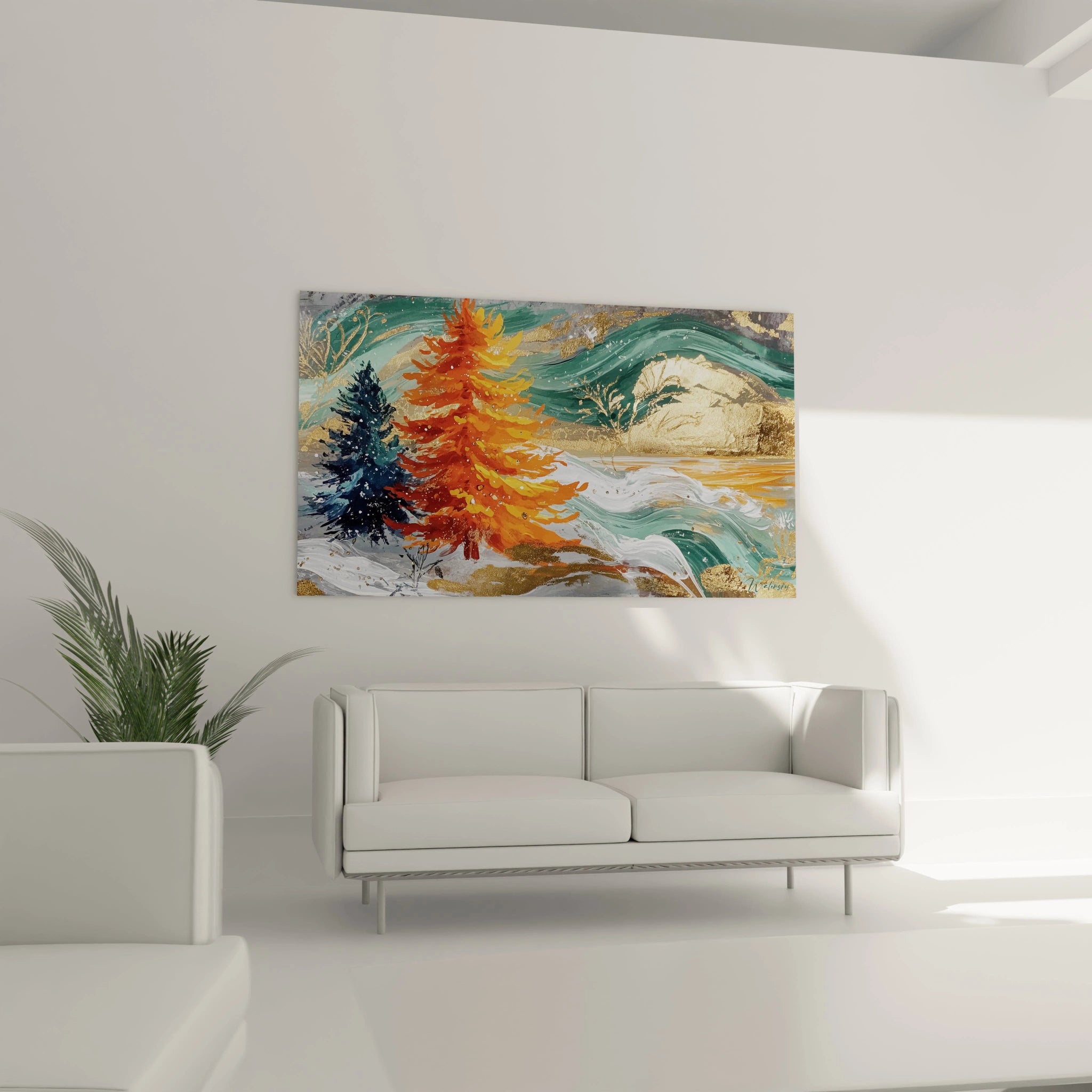 Tableau paysage Noel avec des arbres colorés et un paysage hivernal décoratif sur un mur moderne