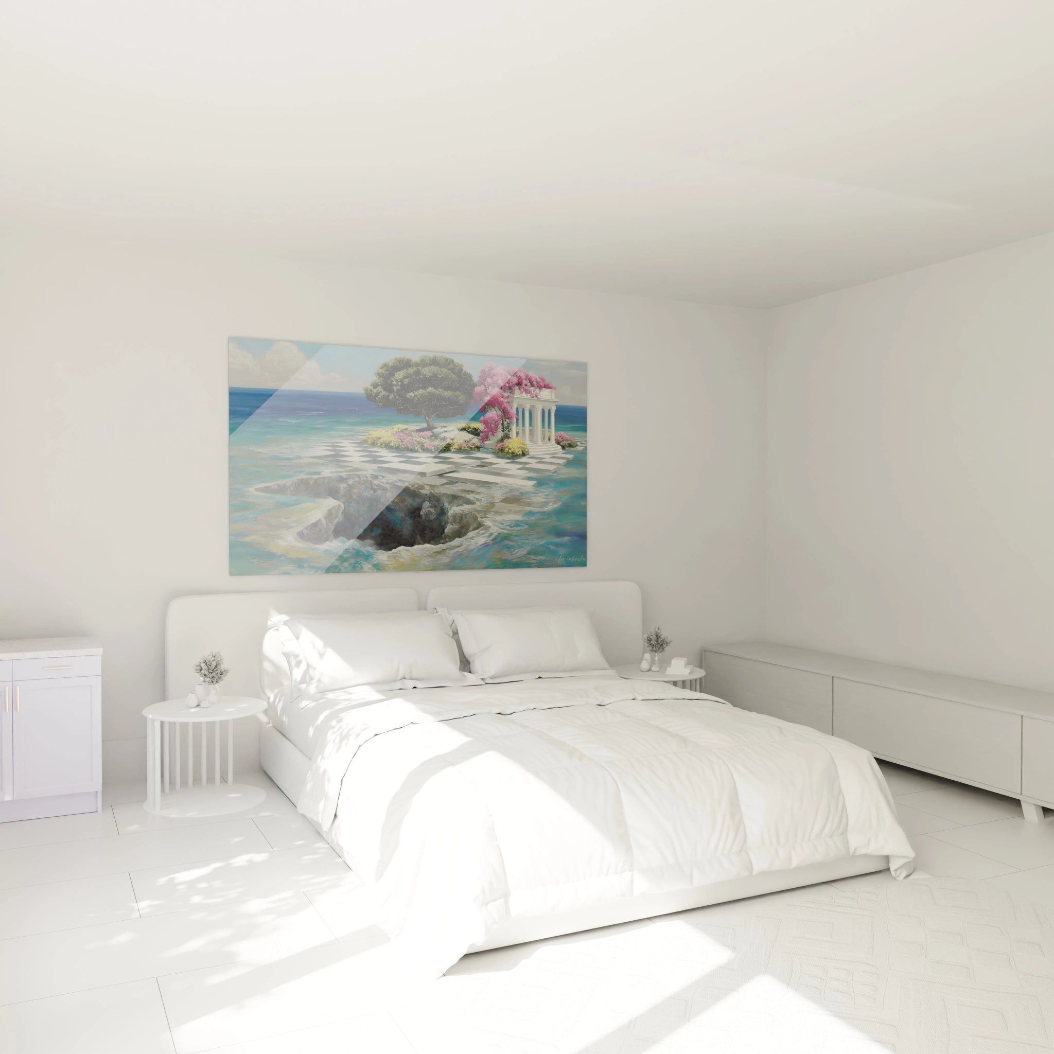 tableau paysage surréaliste Walensky accroché au dessus d un lit blanc minimal montrant une île marine avec ruines et arbre rose