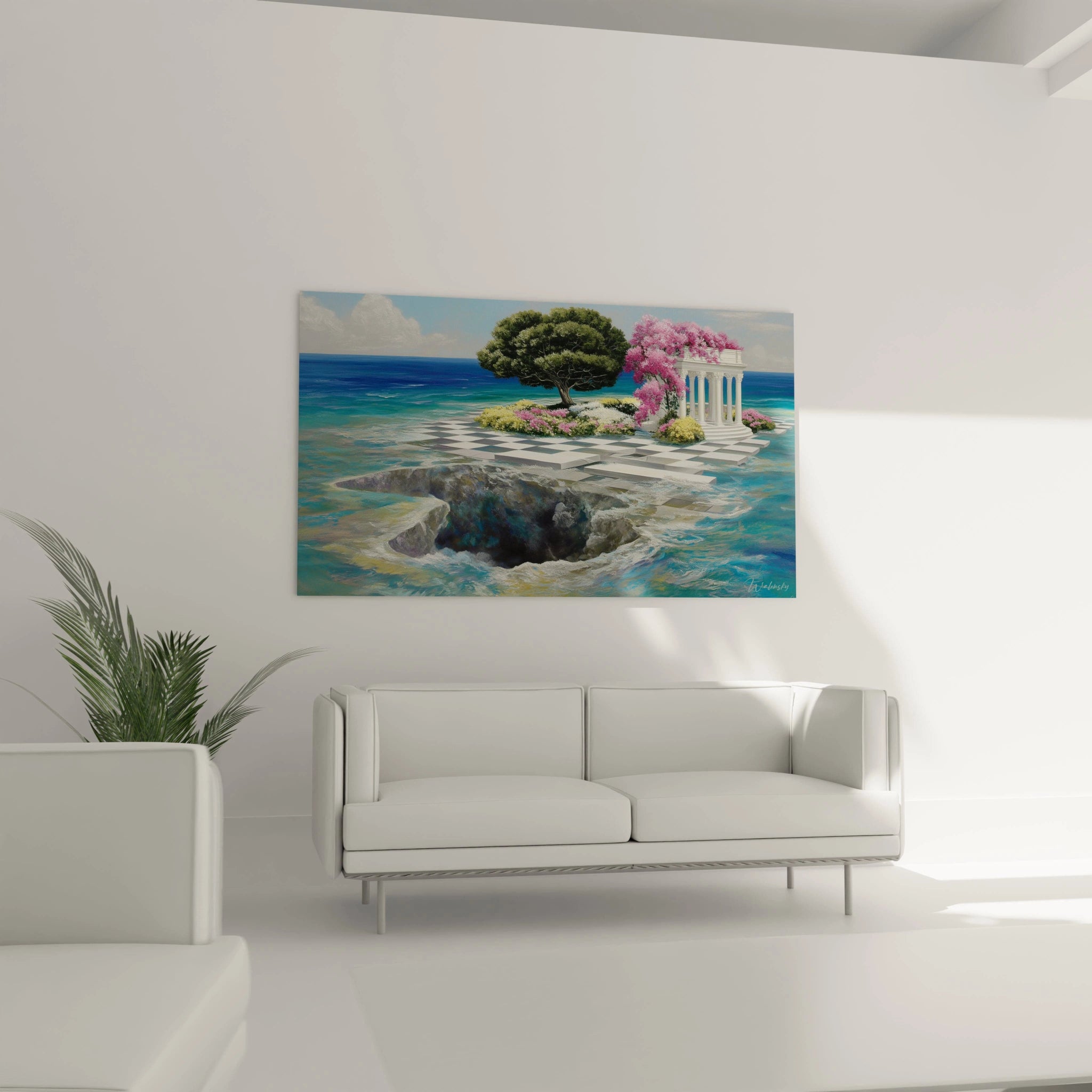 Tableau mural Walensky tableau paysage surréaliste d une ile avec arbre colonnes blanches et mer turquoise