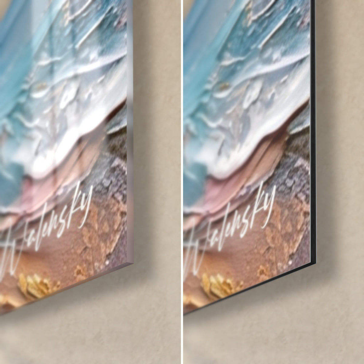 Tableau petite barque peinte, coin bas droit : vagues bleu glacier et rose poudré, verre brillant à gauche, Dibond mat à droite