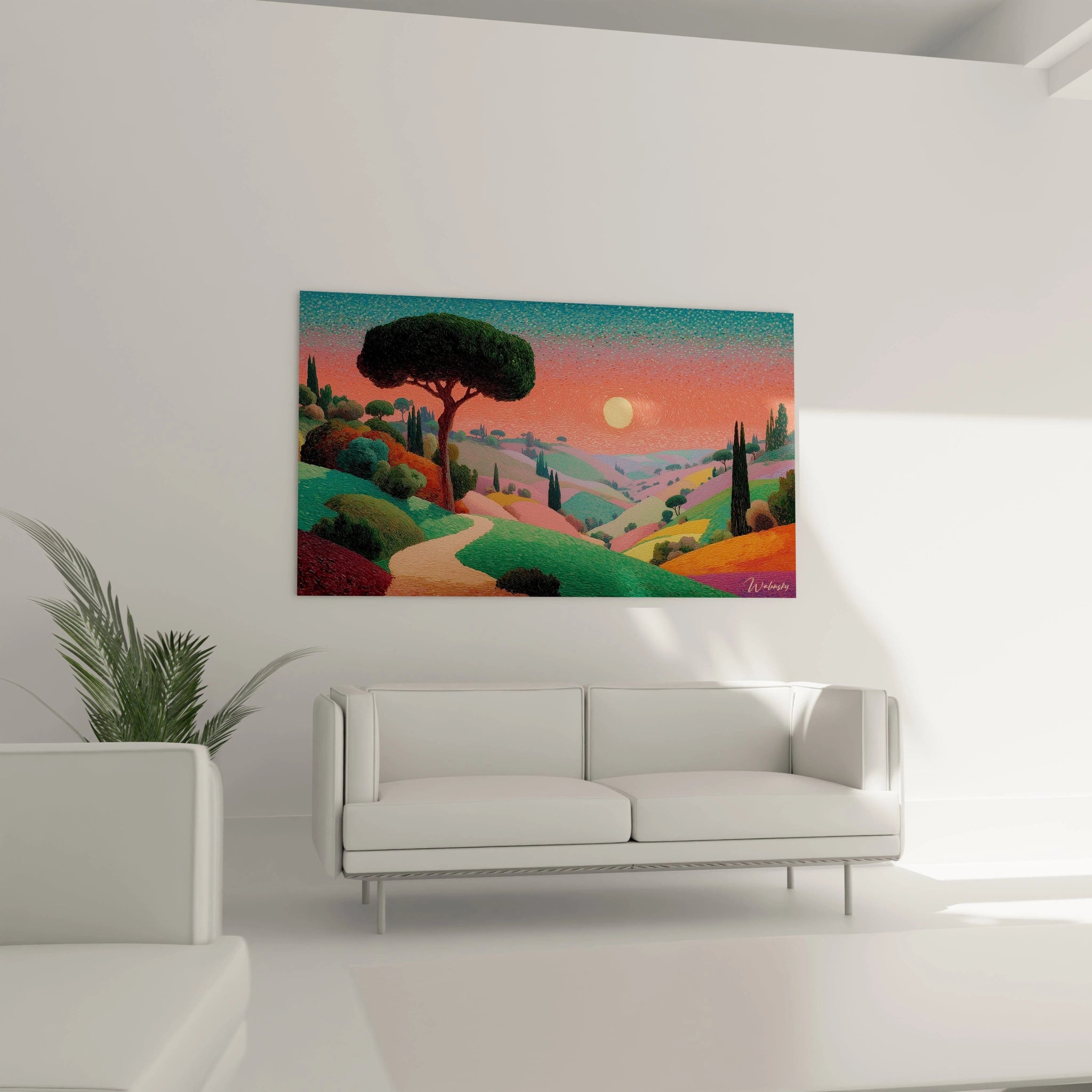 Tableau mural Walensky tableau paysage toscan coucher de soleil stylisé collines cyprès chemin au dessus d un canapé