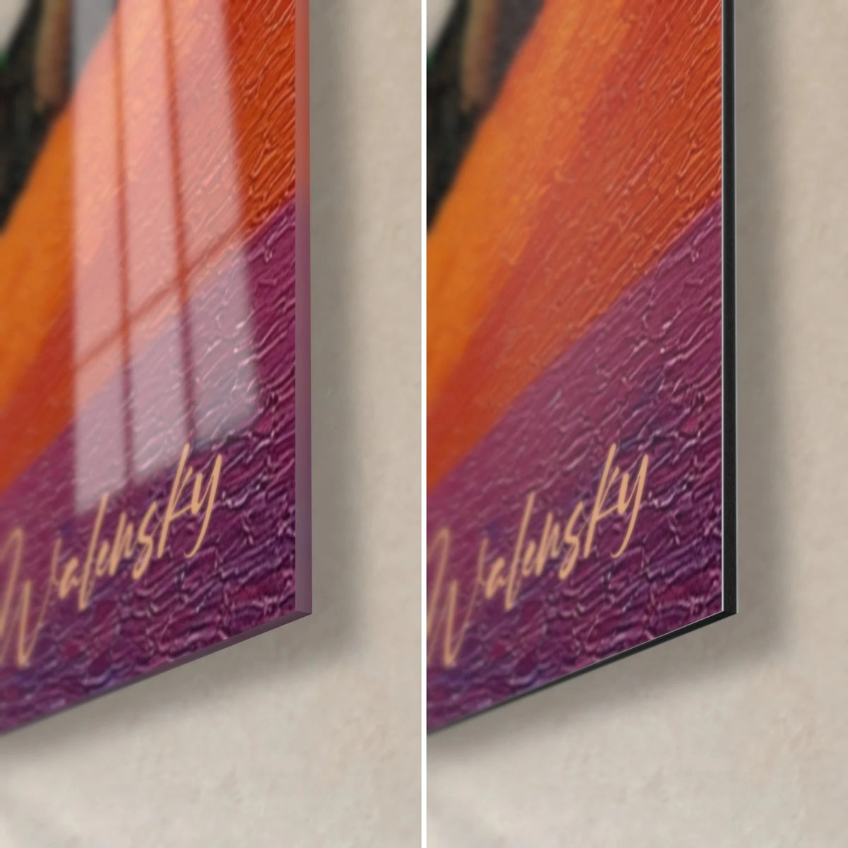 Wall art Tuscan landscape, bottom right corner: raised violet and orange brushstrokes, glossy glass on the left, matte Dibond on the right