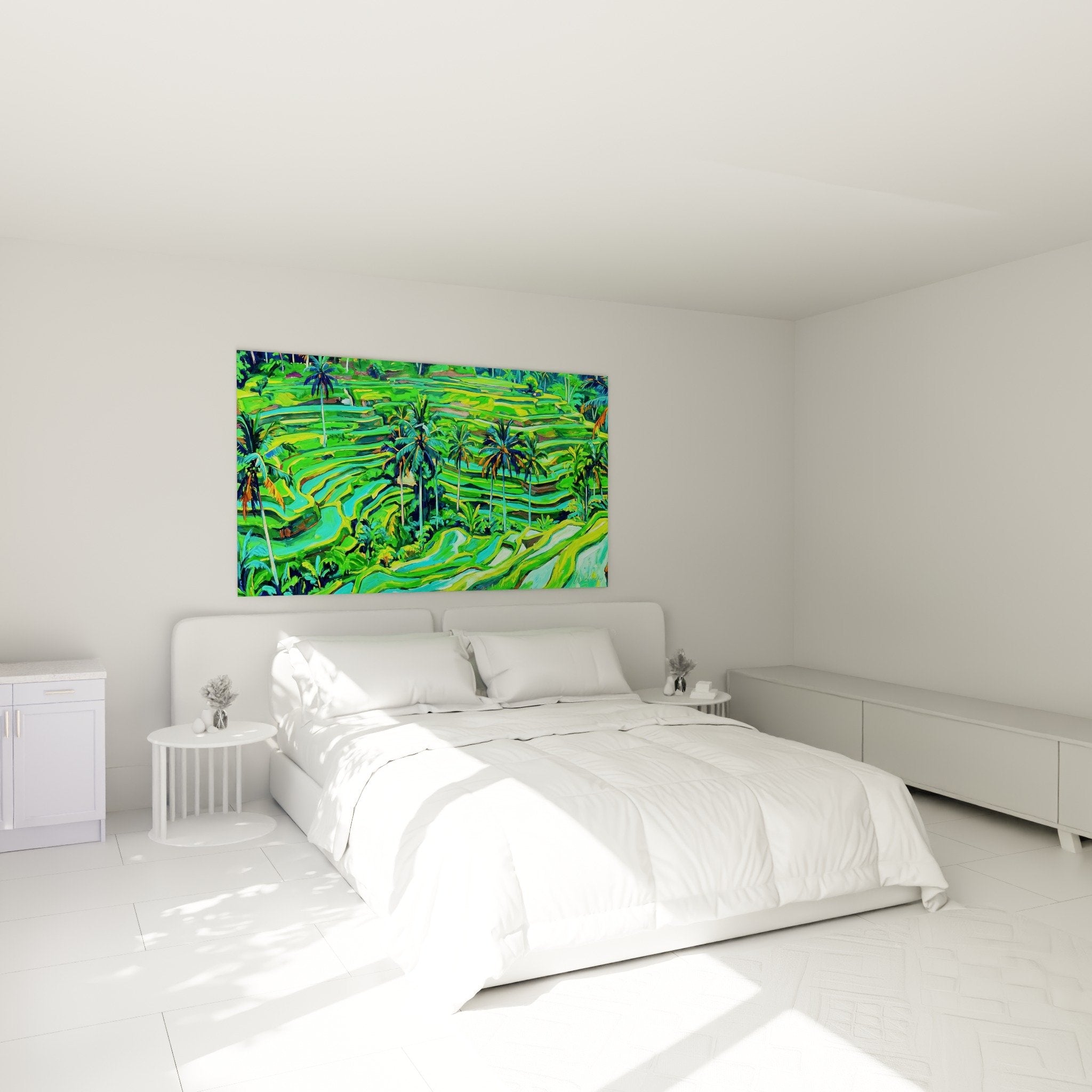 Tableau paysage tropical Bali rizières vertes dans chambre déco zen ambiance exotique palmiers