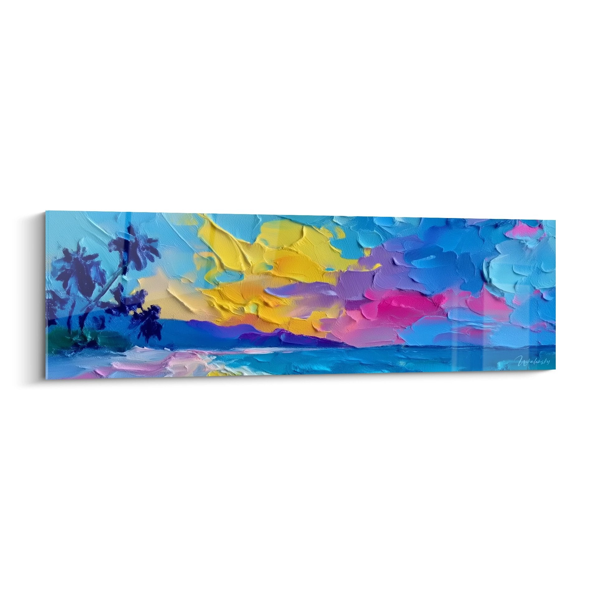 Tableau mural paysage tropical coucher de soleil coloré avec palmiers et mer turquoise style contemporain