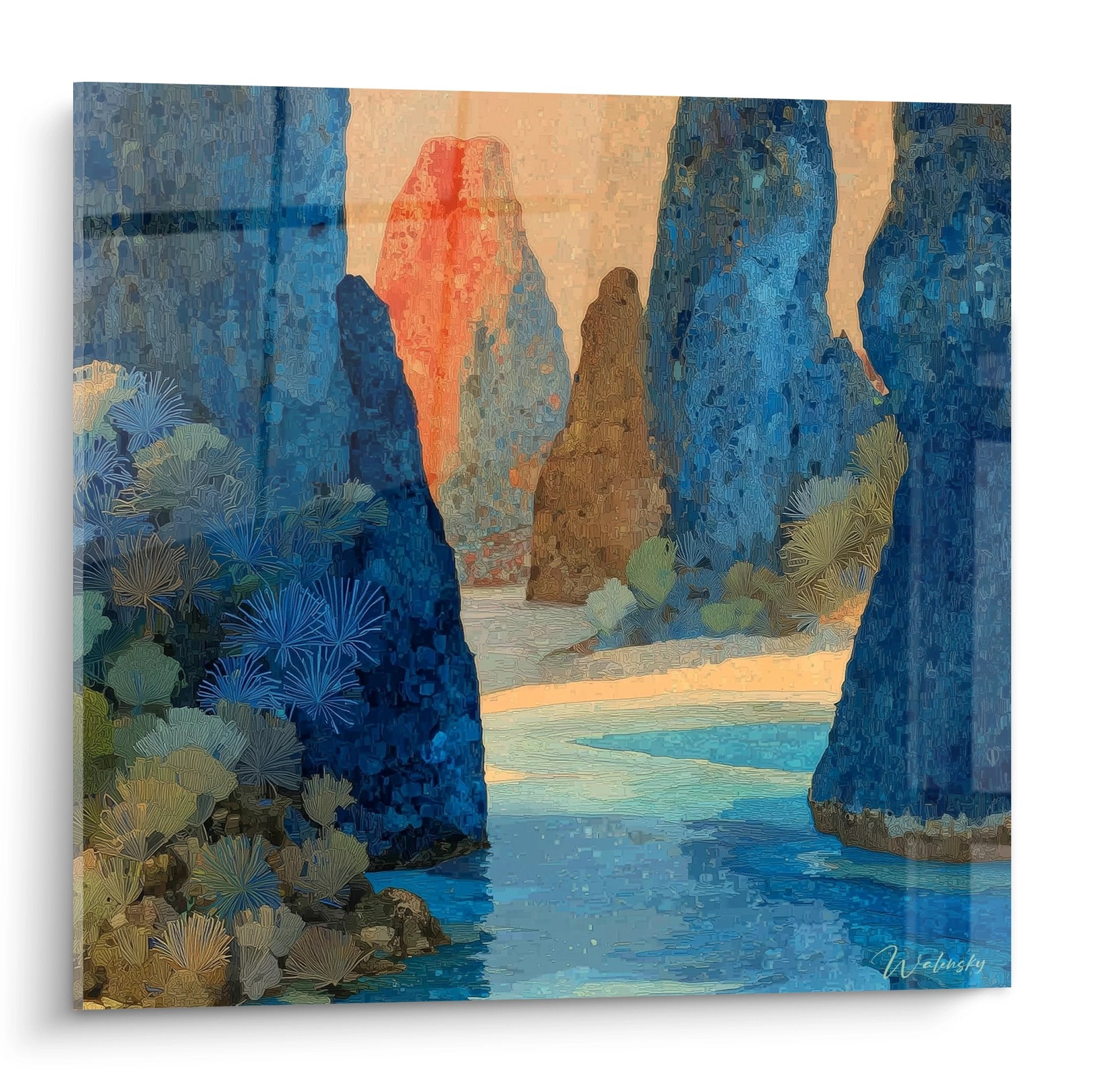 Tableau paysage tropical lagune secrète roches bleues végétation luxuriante art mural