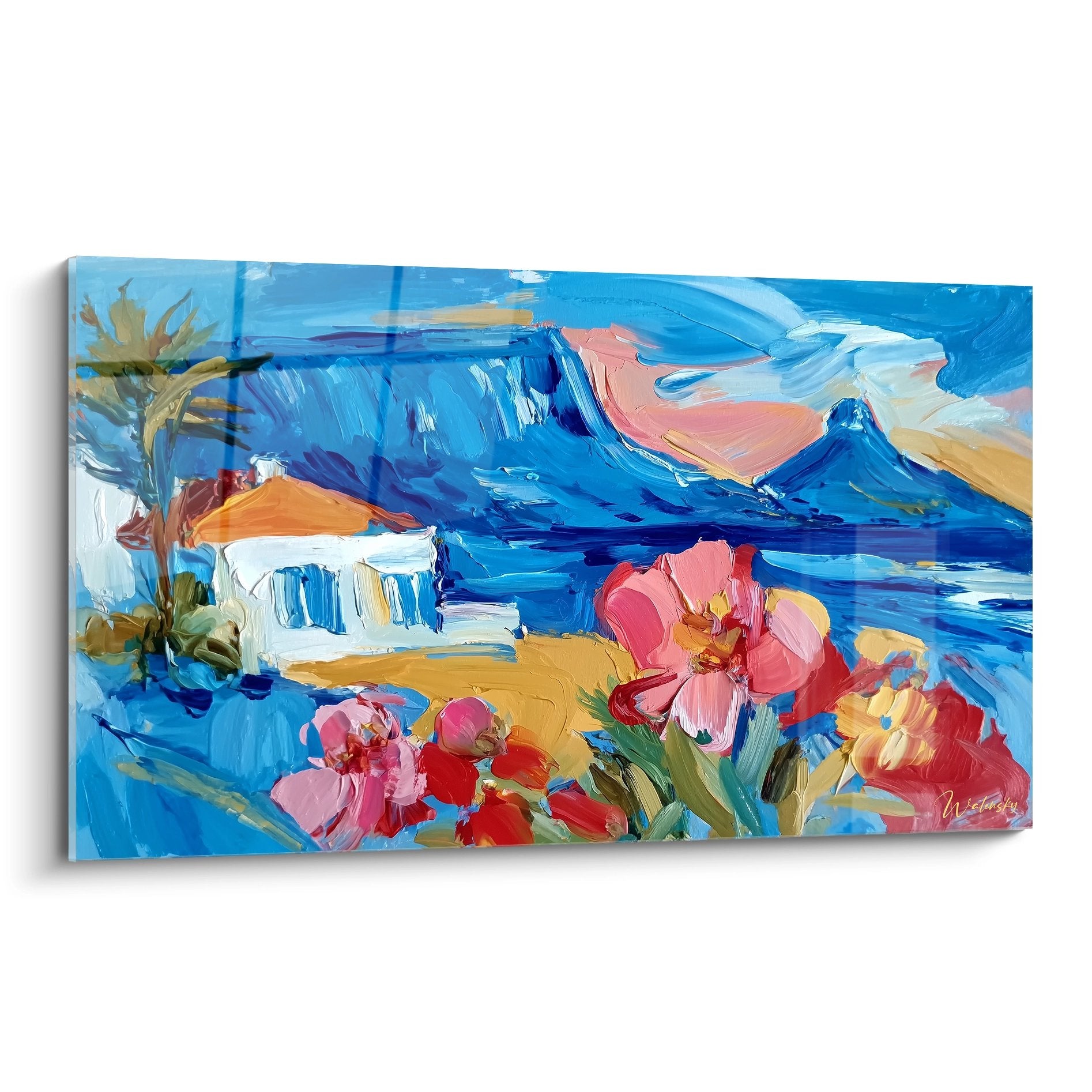 Tableau mural paysage tropical avec fleurs roses et montagnes bleues, art décoratif moderne