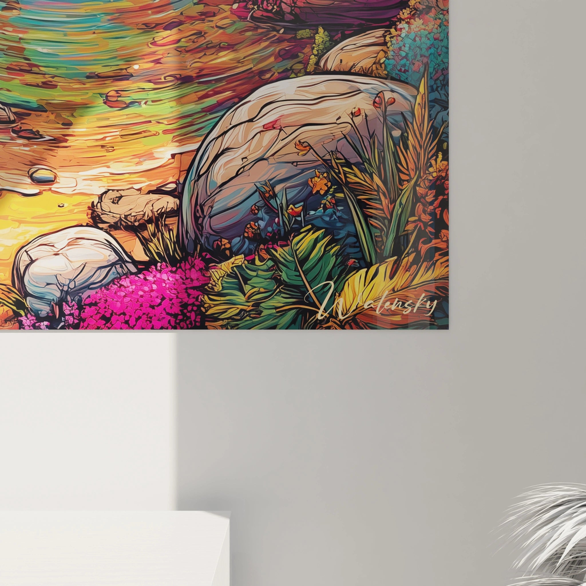 Vue ensemble tableau décoratif tropical style bande dessinée coucher soleil féerique palmiers rivière