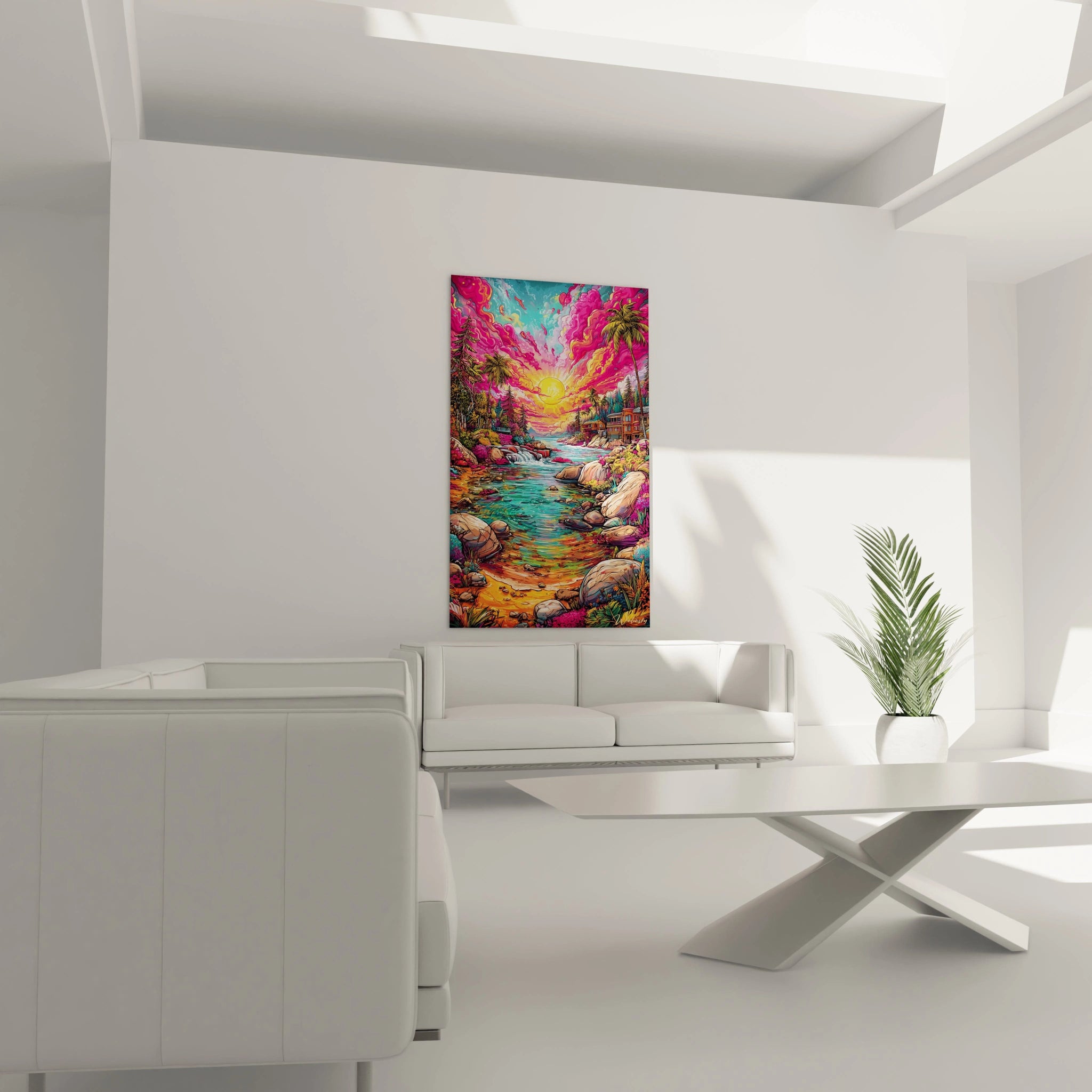 Gros plan détails tableau paysage tropical bande dessinée rivière cascades végétation luxuriante colorée