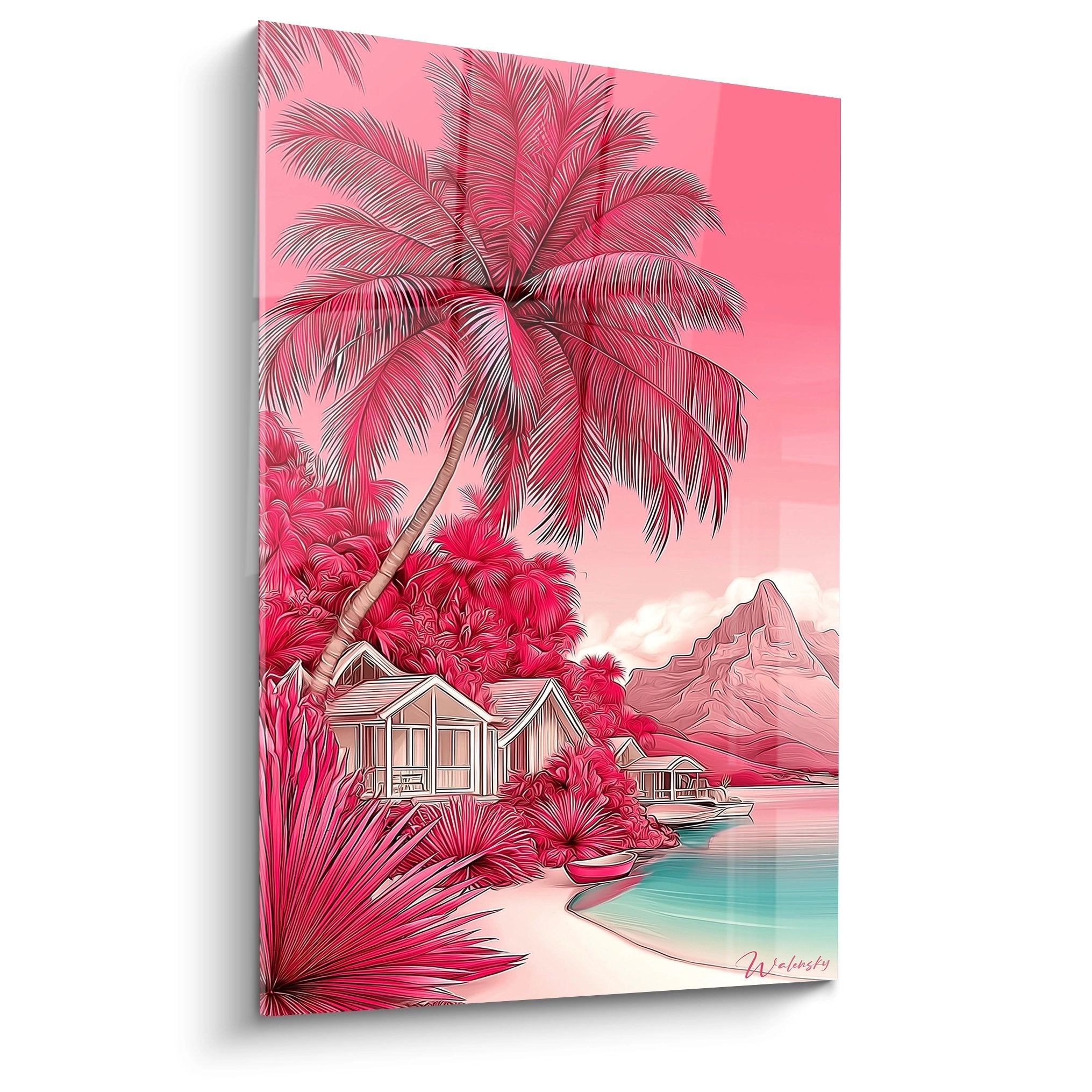 Tableau mural paysage tropical rose avec palmier et bungalows sur pilotis dans décor exotique