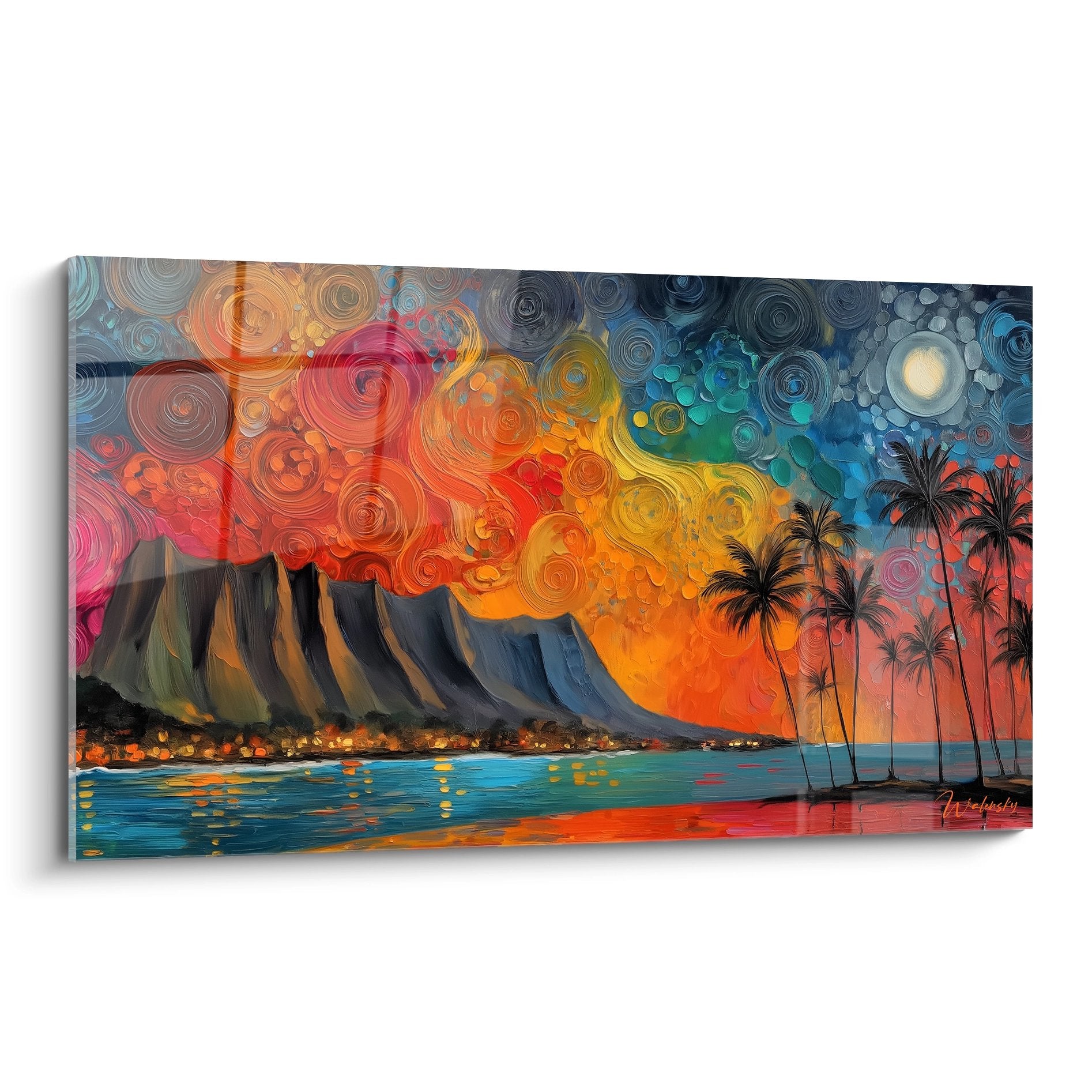 Tableau paysage tropical volcanique spirales cosmiques palmiers archipel art mural moderne