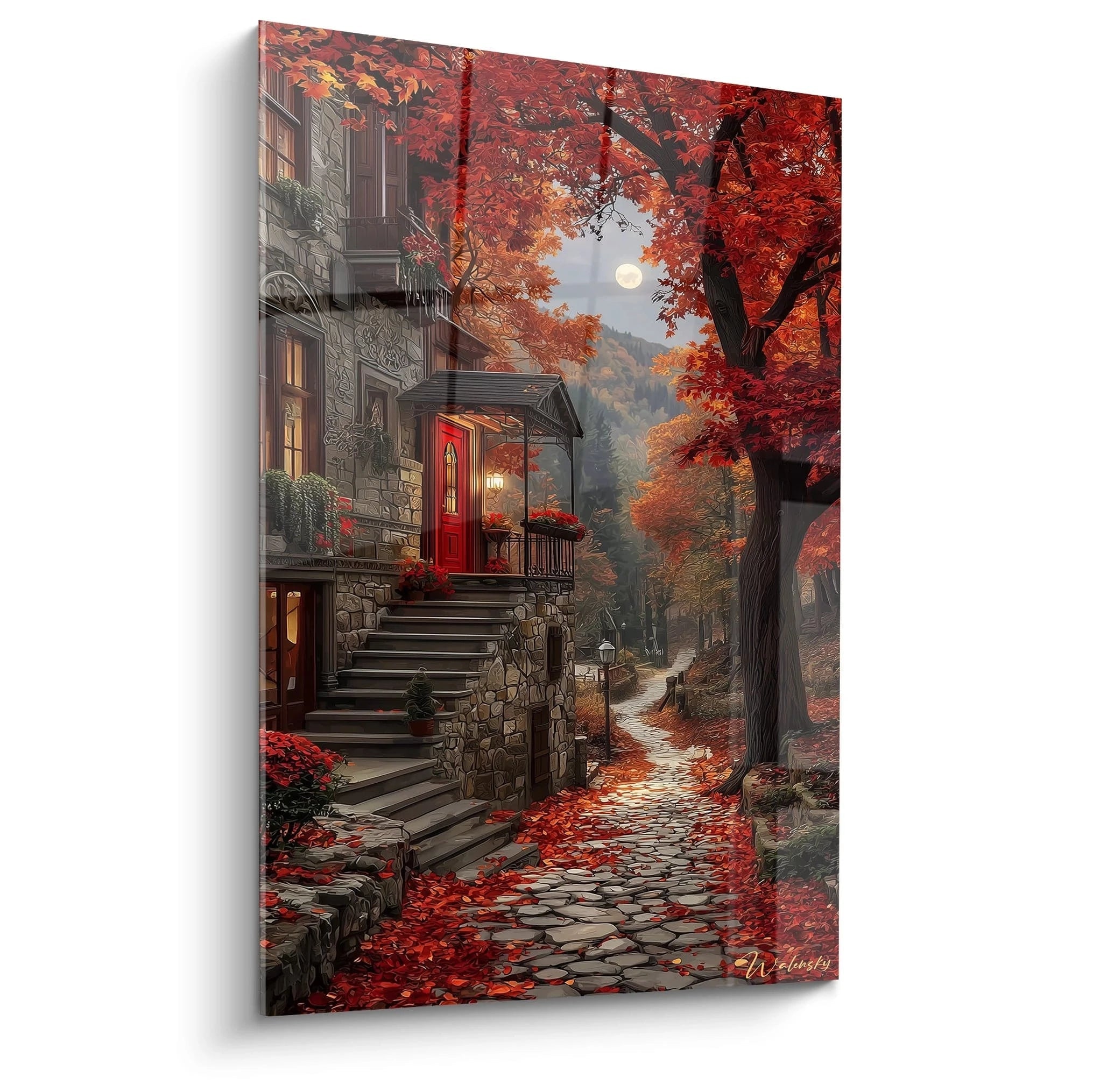 tableau paysage urbain automne Walensky montrant maison en pierre, porte rouge, chemin pavé et arbres aux feuilles rouges