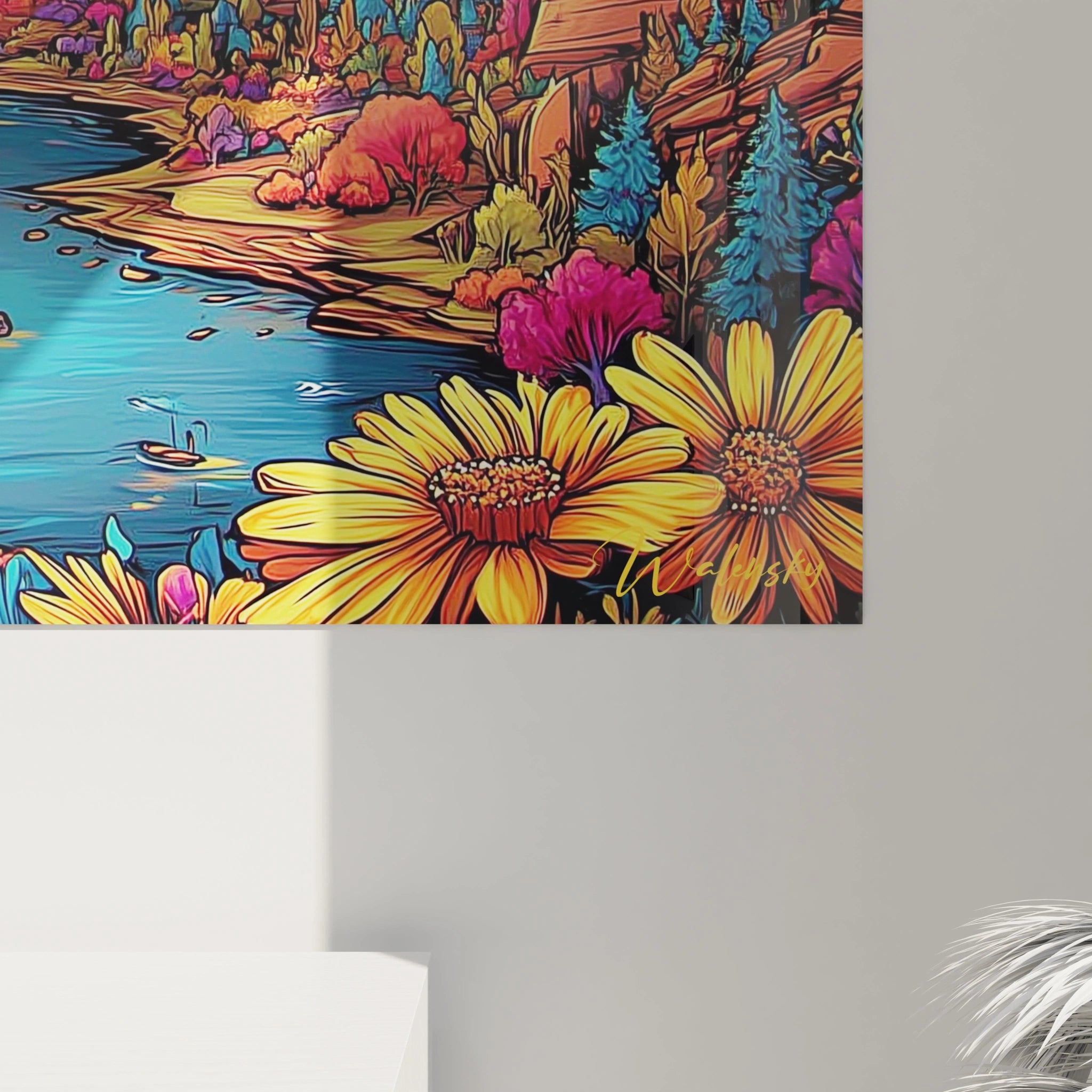 Vue ensemble tableau mural paysage urbain décoratif dans intérieur contemporain élégant