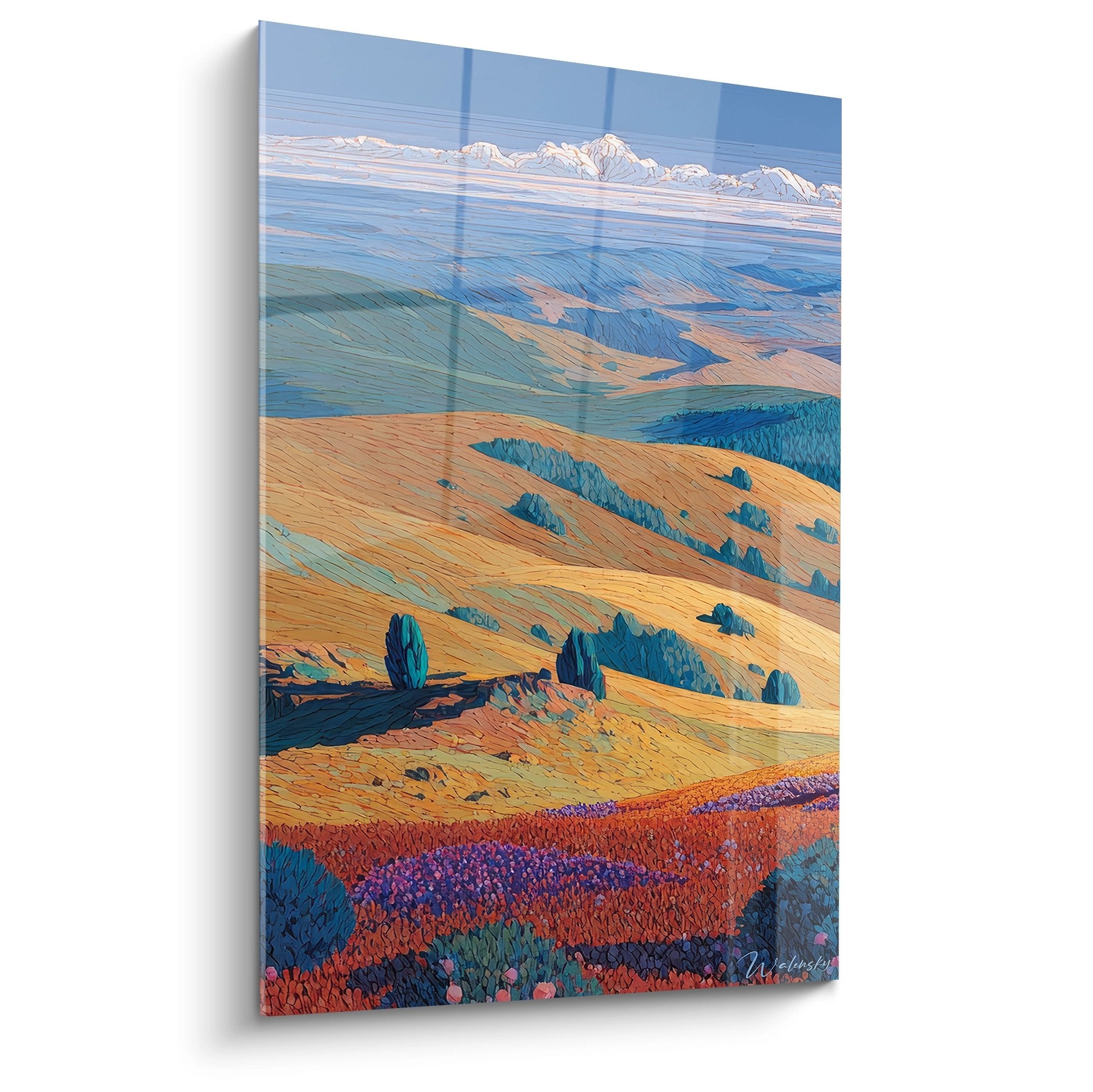Tableau mural paysage vallonné doré avec collines et montagnes, art campagne moderne